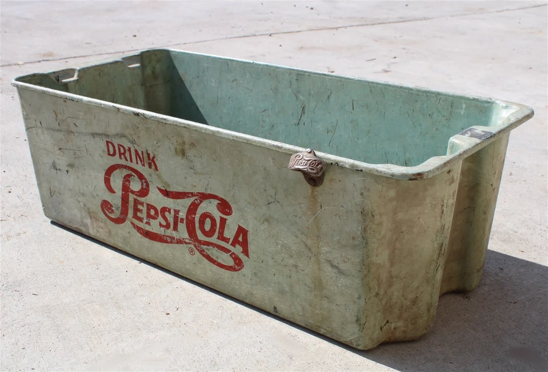 Pepsi Fiberglass Beverage Tub with Bottle Opener: Pepsi Fiberglass Beverage Tub with Bottle Opener. This item requires third-party shipping or pickup arrangements to be made. Dimensions: 15 x 43 x 21