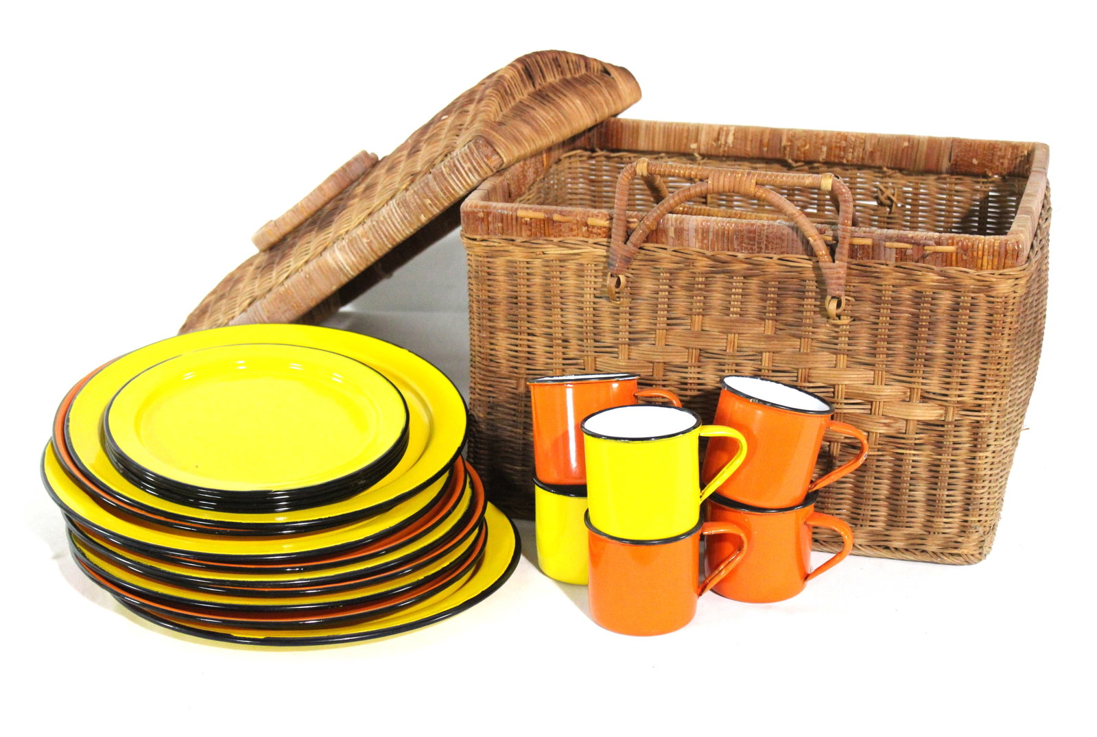 Japan Enamel Dishware with Woven Picnic Basket: Japan Enamel Dishware with Woven Picnic Basket. This item requires third-party shipping or pickup arrangements to be made. Dimensions: 12 x 16 x 11