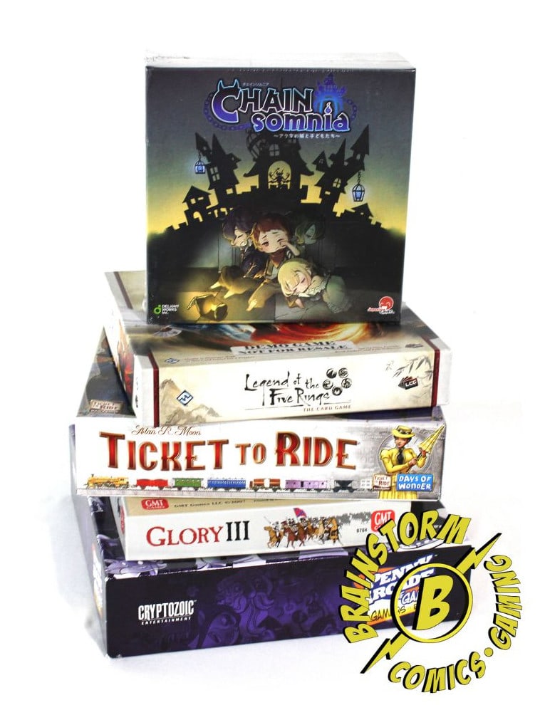 Board Games incl. Chain Somnia and Ticket to Ride: Board Games incl. Chain Somnia and Ticket to Ride. Demo games for store. Chain somnia is still in package. Not checked for completeness. In-house shipping available. *This lot was consigned by Brainst