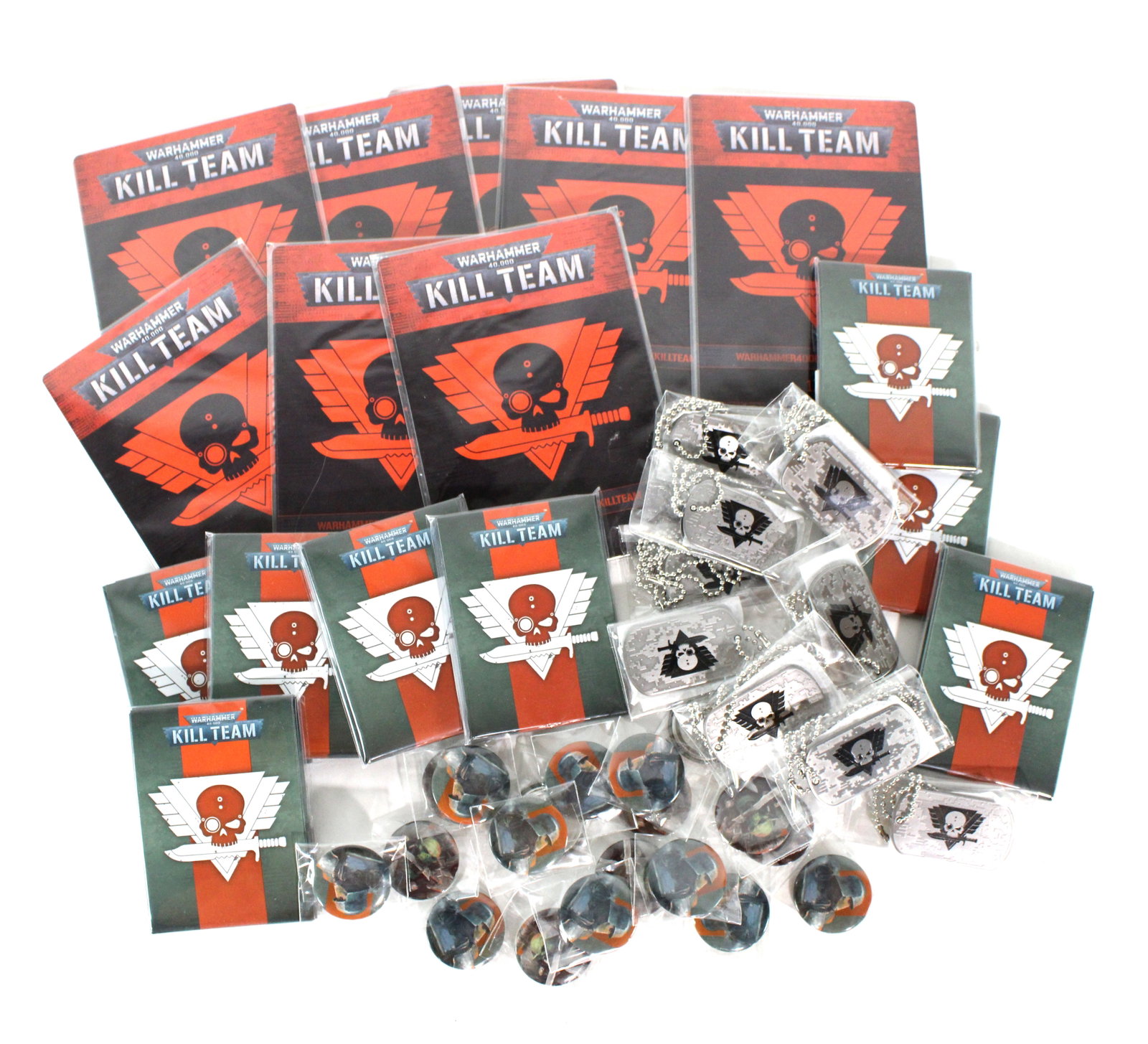Warhammer Kill Team Collectibles incl. Necklace Tags, Buttons and Card Sleeves: Warhammer Kill Team Collectibles incl. Necklace Tags, Buttons and Card Sleeves. In-house shipping available.