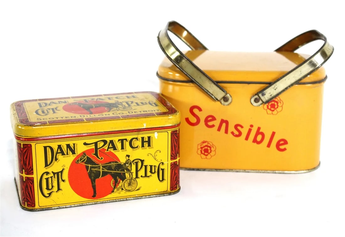 Sensible Tobacco Pail and Dog Patch Cut Plug Tin: Sensible Tobacco Pail and Dog Patch Cut Plug Tin. In-house shipping available. Dimensions of one: 5 x 7 x 4