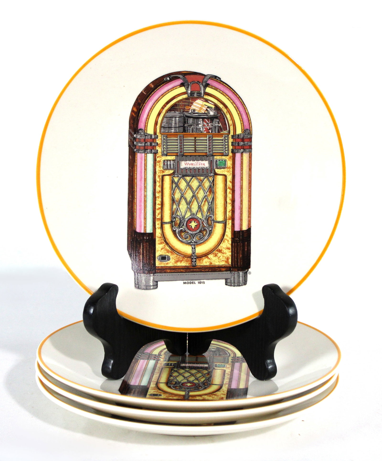 Wurlitzer 1015 "Put Another Nickel In" Commemorative Plates: Wurlitzer 1015 "Put Another Nickel In" Commemorative Plates. Homer Laughlin China. Made by Jim Wells. Total of 4 plates. In-house shipping available.
