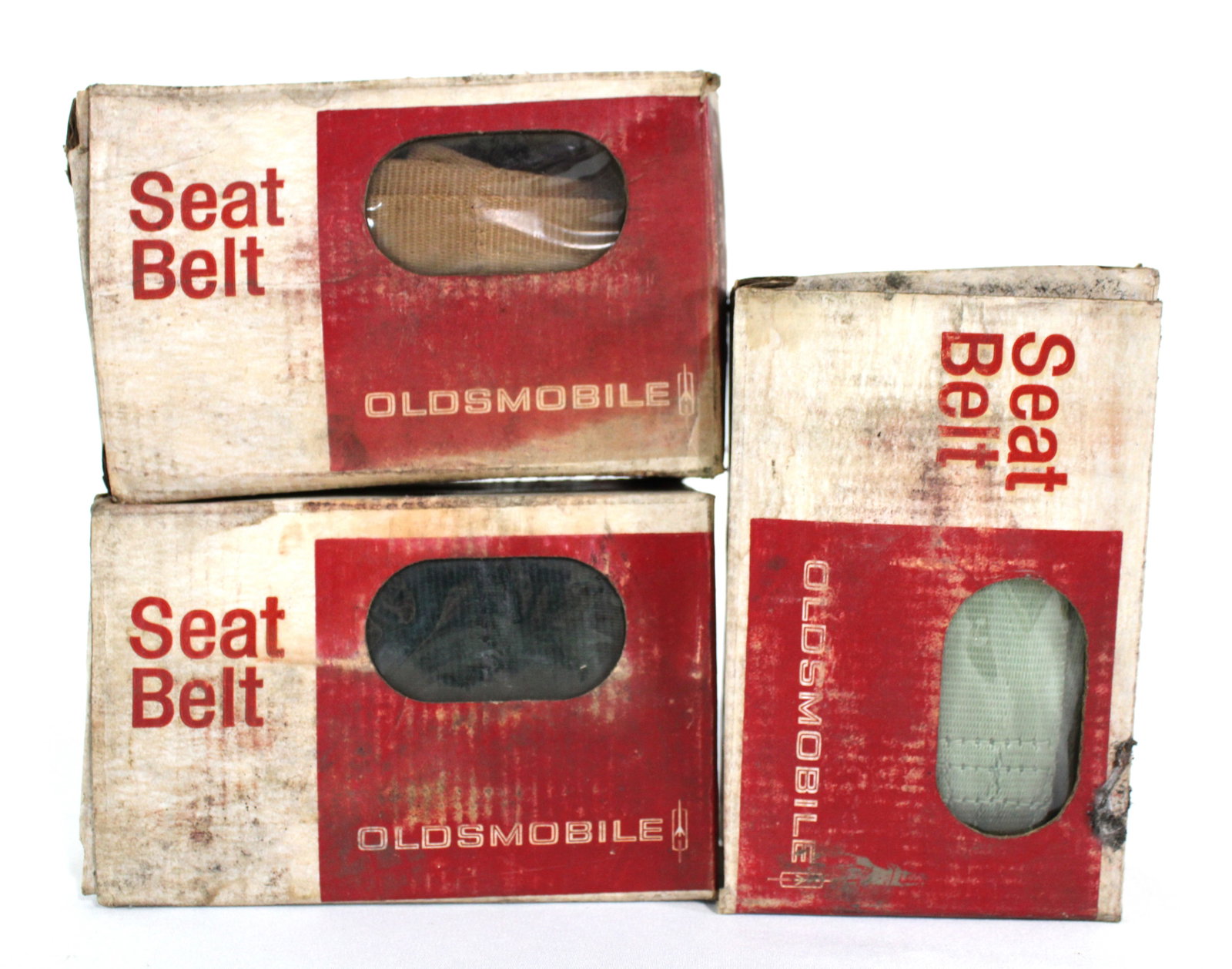 NOS Oldsmobile Seatbelts, Varying Colors, 1960s: NOS Oldsmobile Seatbelts, Varying Colors, 1960s. In-house shipping available. Dimensions of One Box: 4 x 6 x 2