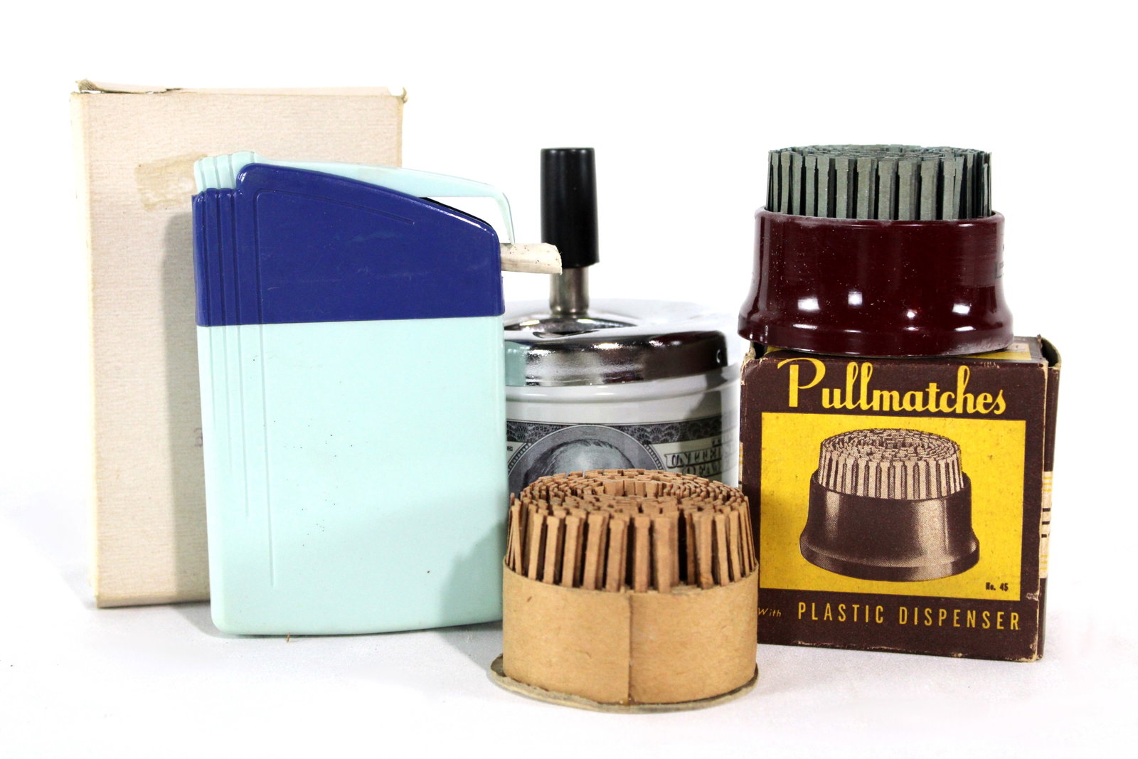 Pullmatch Dispenser with Refill and Cigarette Dispenser: Pullmatch Dispenser with Refill and Cigarette Dispenser. Also includes metal ashtray. In-house shipping available.