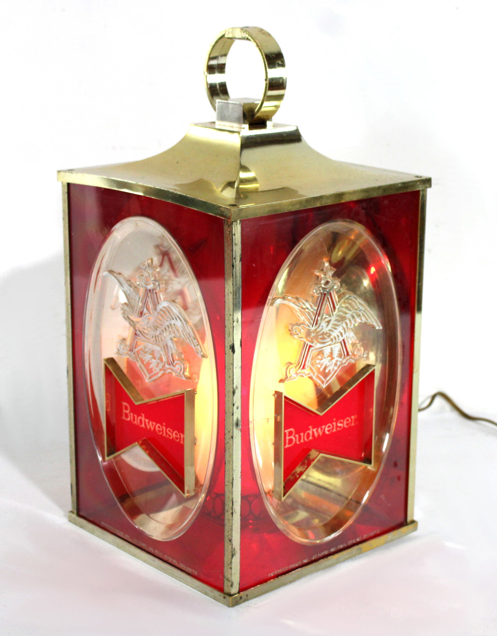 Lighted Budweiser Lantern: Working. In-house shipping available. Dimensions: 17 x 9 x 9