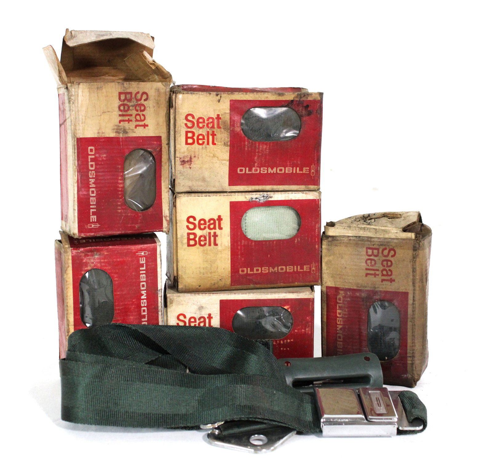 NOS Oldsmobile Seatbelts, Varying Colors, 1960s: Total of 6. In-house shipping available. Dimensions of One Box: 4 x 6 x 2