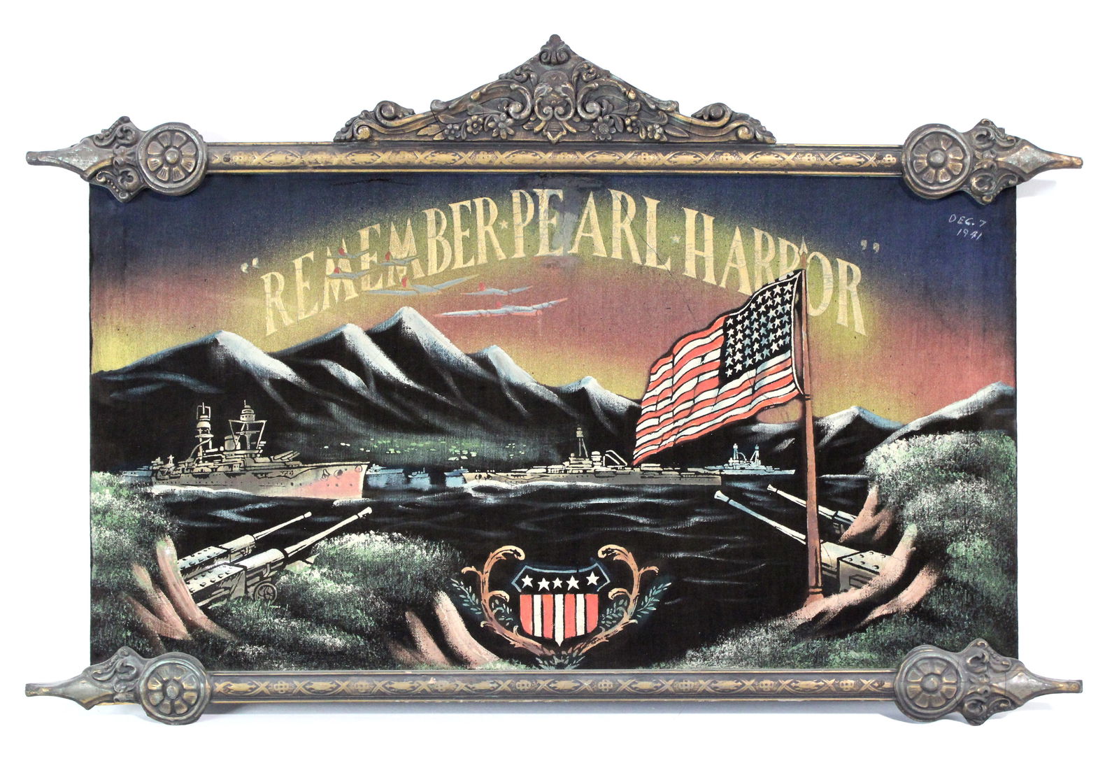 Vintage "Remember Pearl Harbor" Velvet Framed Painting, Circa 1940s (1 of 3)