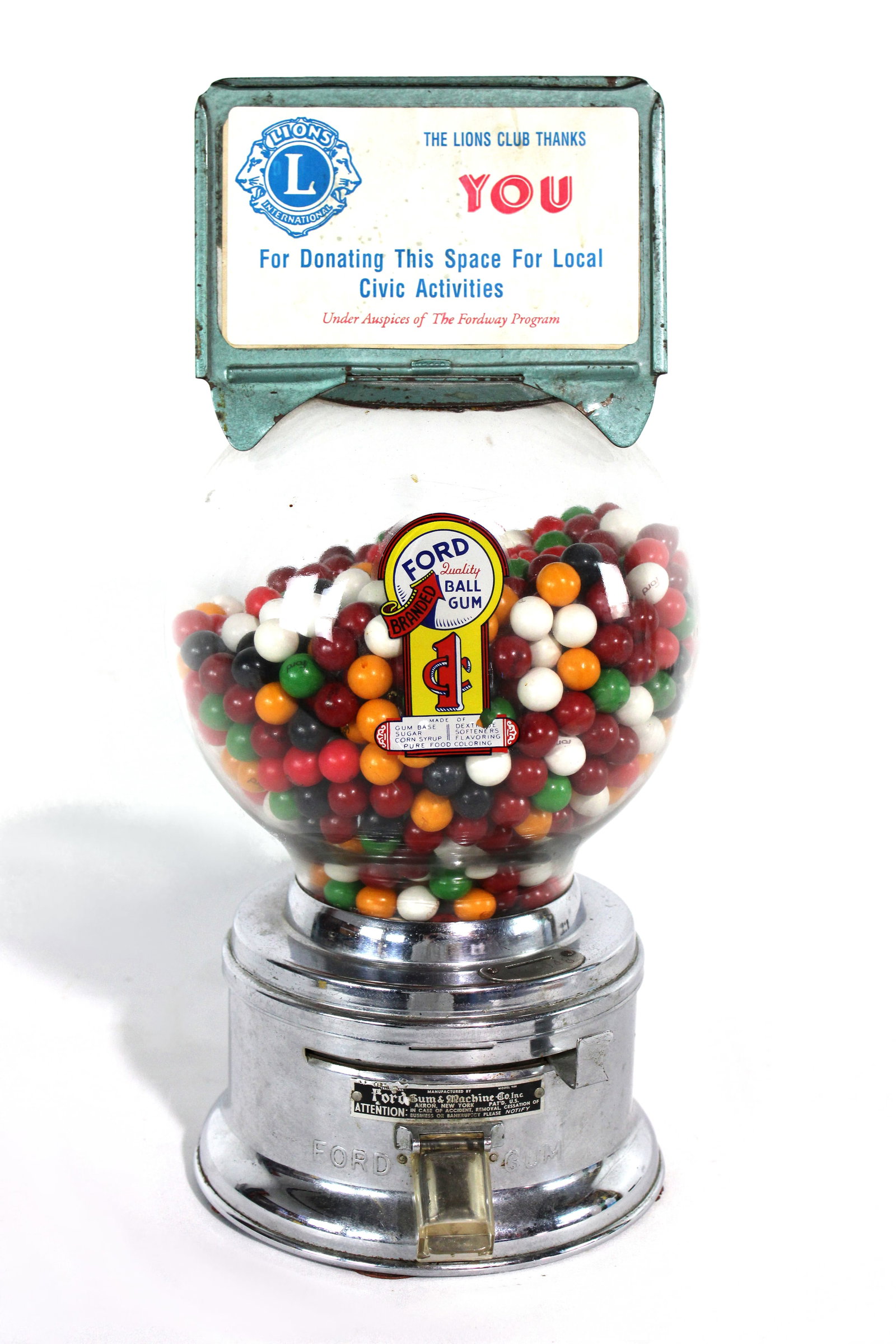 Ford Coin Op Gumball Vendor with Top Sign: Glass globe. This item requires third-party shipping or pickup arrangements to be made. Dimensions with Top sign: 16 x 8 x 8
