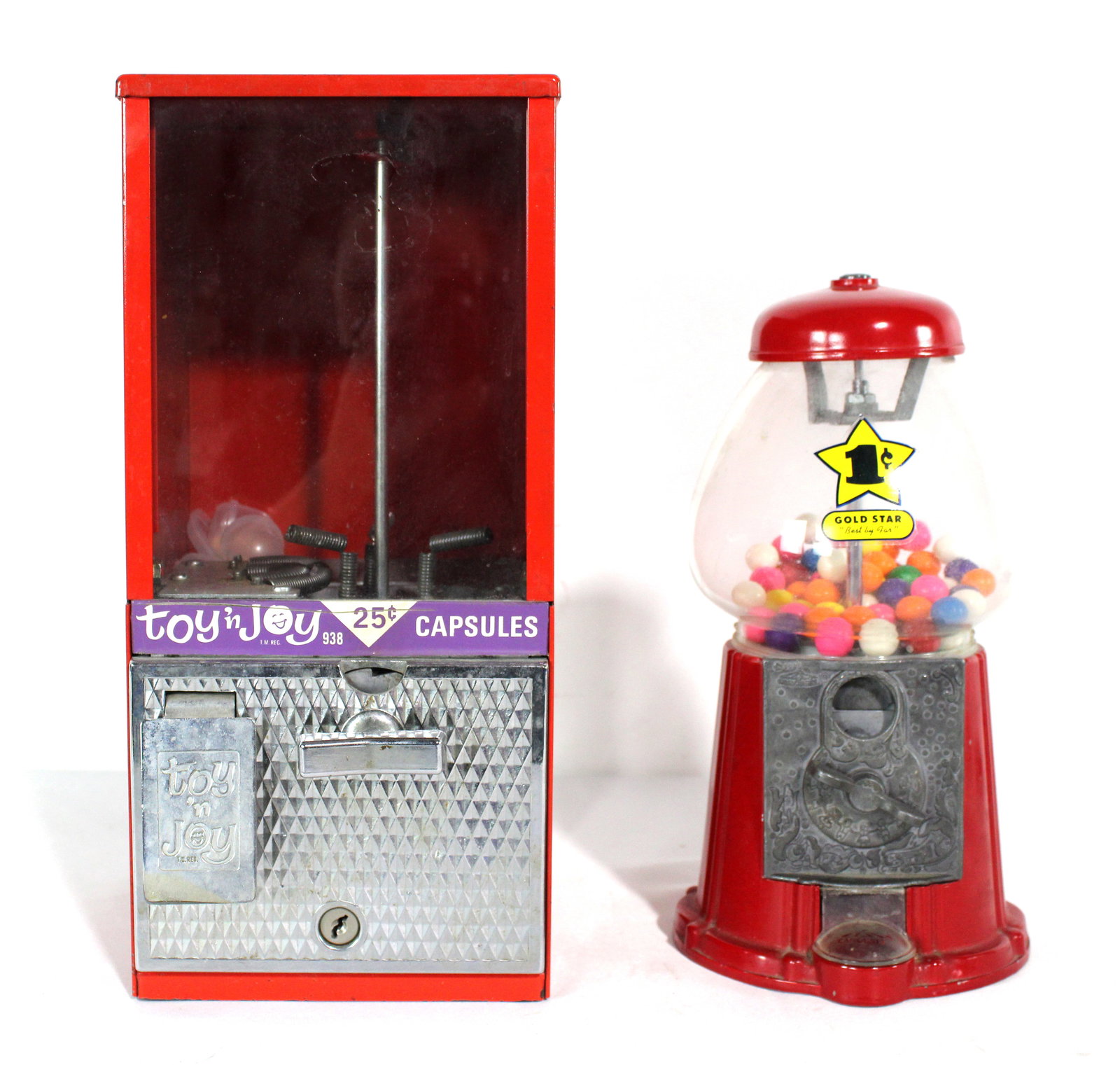 Gumball Machines including Toy 'n Joy: No keys. This item requires third-party shipping or pickup arrangements to be made. Dimensions of one: 14 x 7 x 8