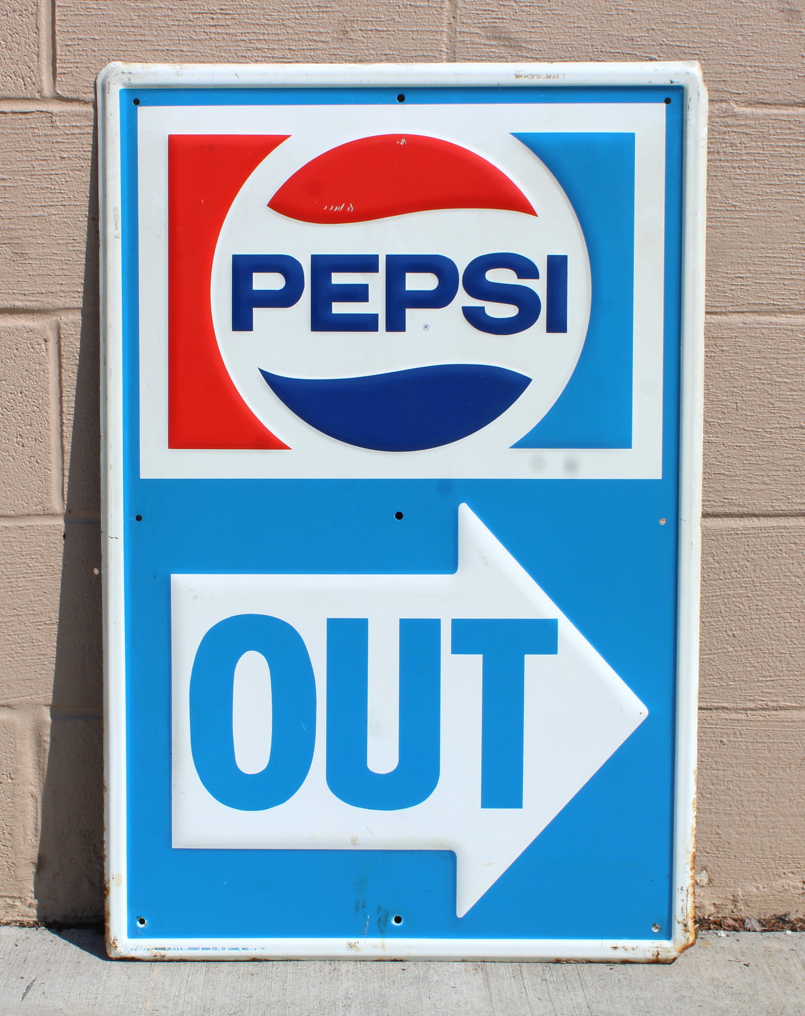 Pepsi "Out" Embossed Sign: This item requires third-party shipping or pickup arrangements to be made. Dimensions: 35 x 23 x 1
