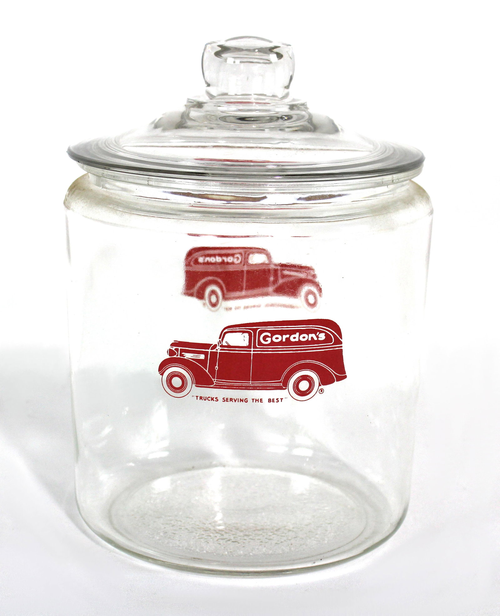 Gordon's Glass Cookie Jar: This item requires third-party shipping or pickup arrangements to be made. Dimensions: 11 x 8 x 8