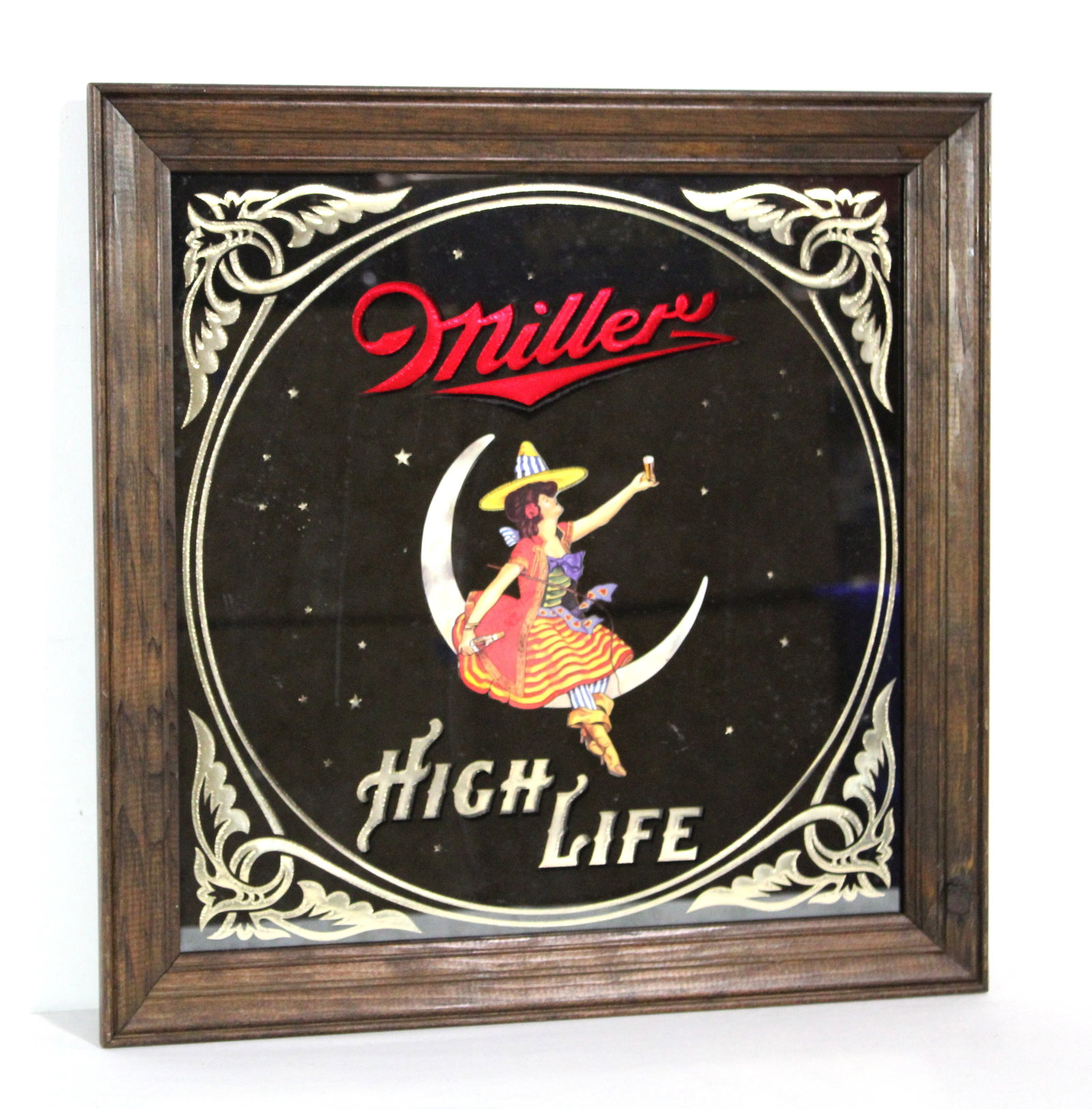 Miller High Life "Girl in the Moon" Beer Mirror: This item requires third-party shipping or pickup arrangements to be made. Dimensions: 19 x 19 x 1
