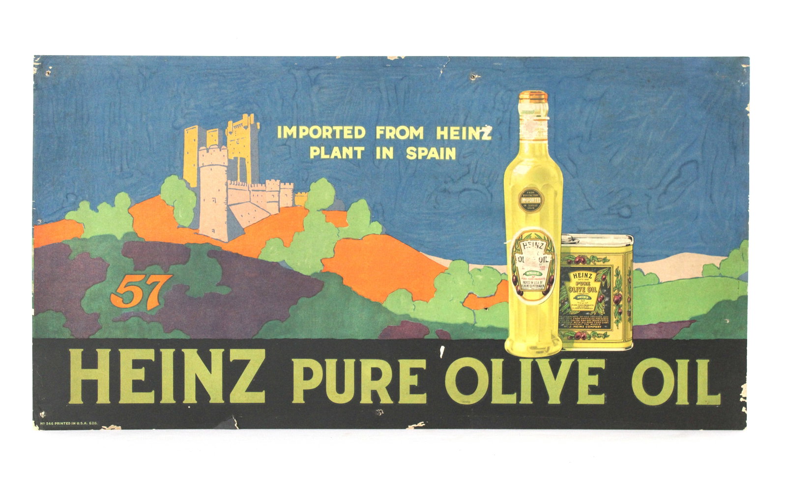 Heinz Olive Oil Bus Advertisement, 1920s: Cardboard. In-house shipping available. Dimensions: 11 x 21