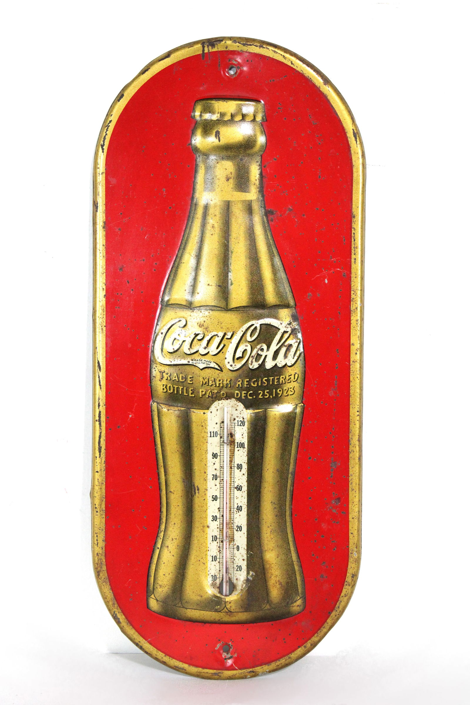 Coca Cola Embossed Gold Bottle Thermometer, 1930s (1 of 3)