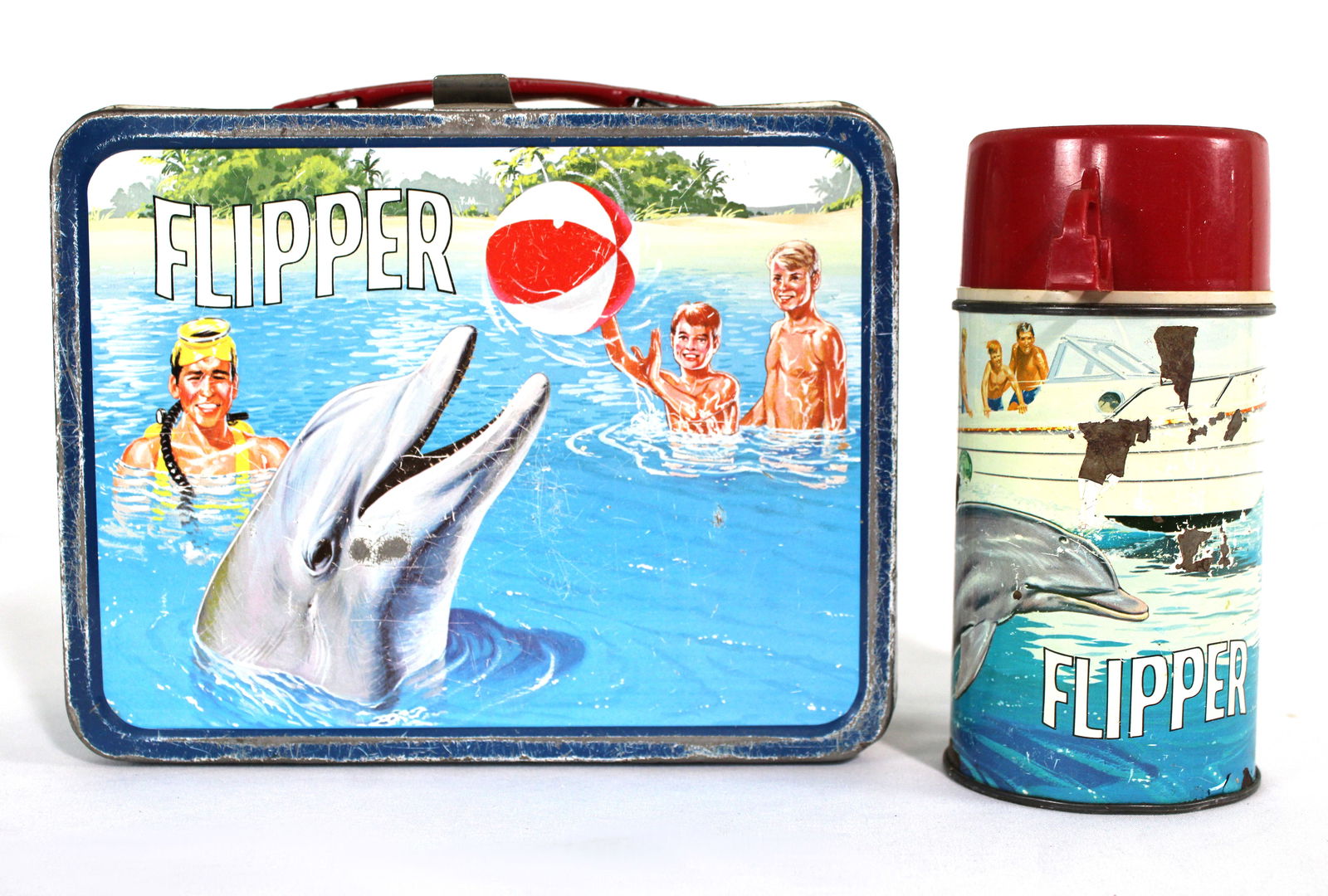 Flipper Thermos Tin Lunchbox with Thermos, 1960s (1 of 3)