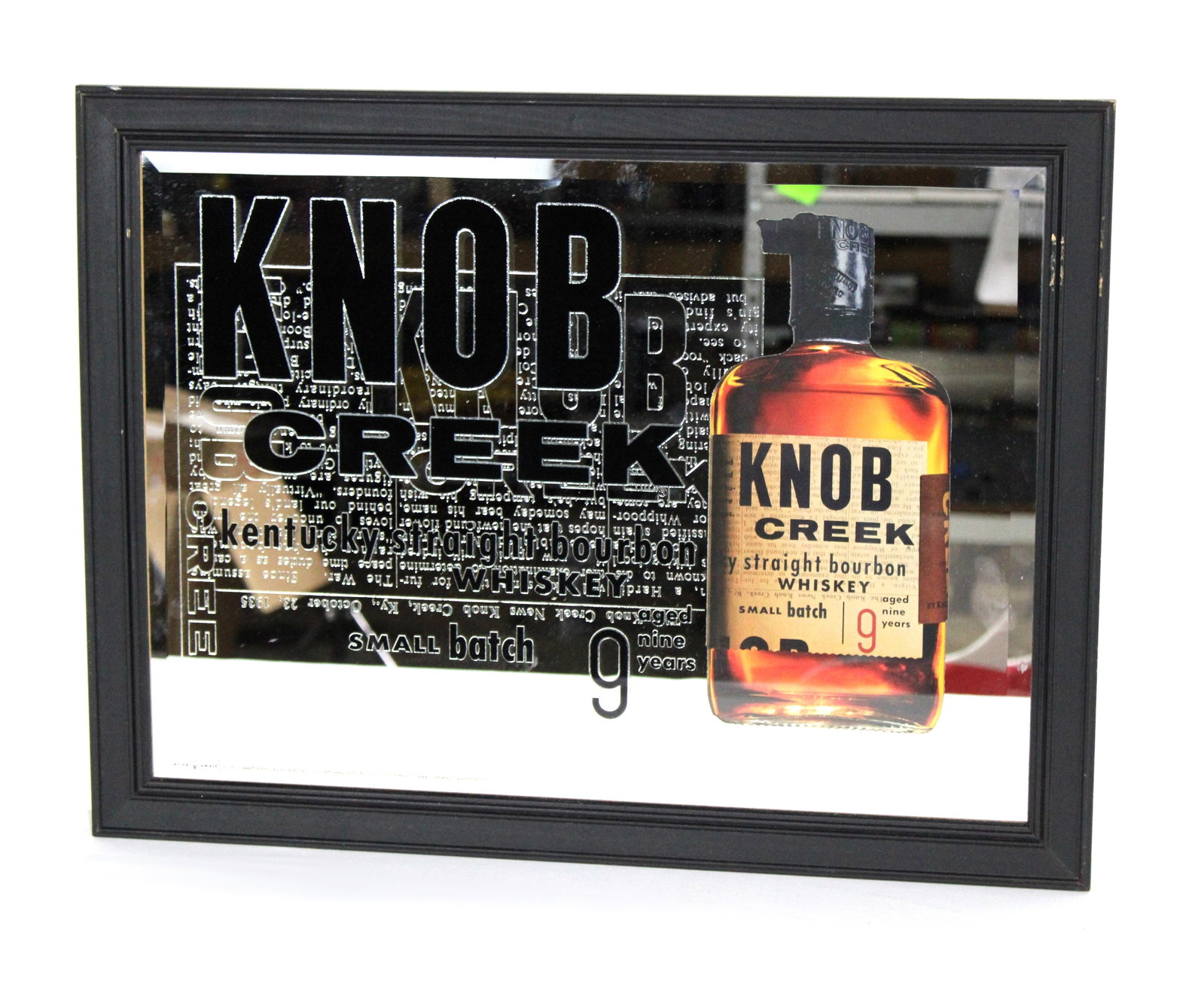 Knob Creek Whiskey Mirror: This item requires third-party shipping or pickup arrangements to be made. Dimensions: 19 x 25 x 1