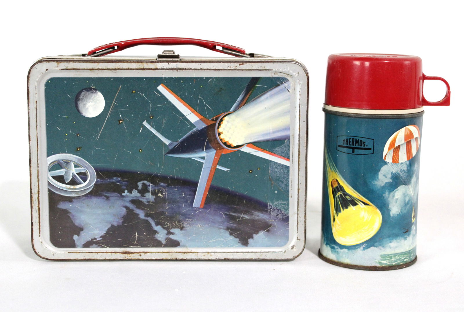 Space Themed Thermos Tin Lunchbox with Thermos, 1960s (1 of 3)