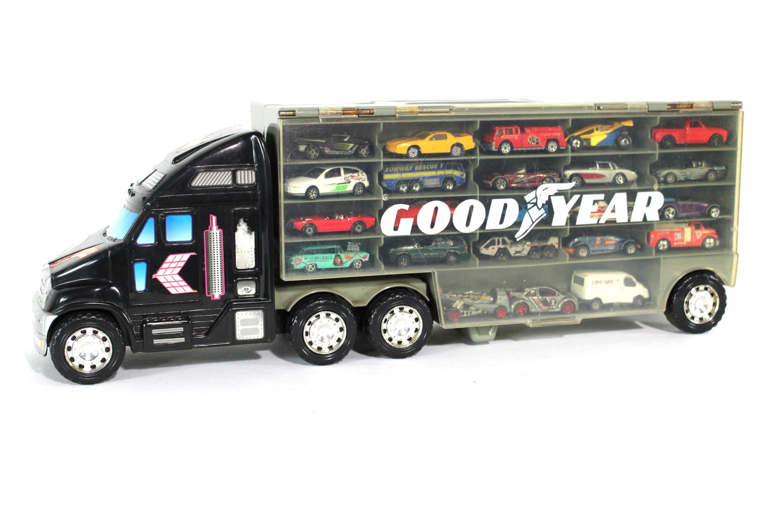 Goodyear 18 Wheeler Die Cast Car Carrying Case with Cars: This item requires third-party shipping or pickup arrangements to be made. Dimensions: 9 x 6 x 25