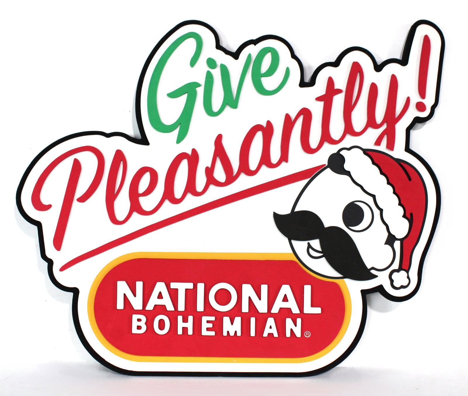 National Bohemian Natty Boh Holiday "Give Pleasantly" Sign: Made from foam. This item requires third-party shipping or pickup arrangements to be made. Dimensions: 22 x 28 x 1