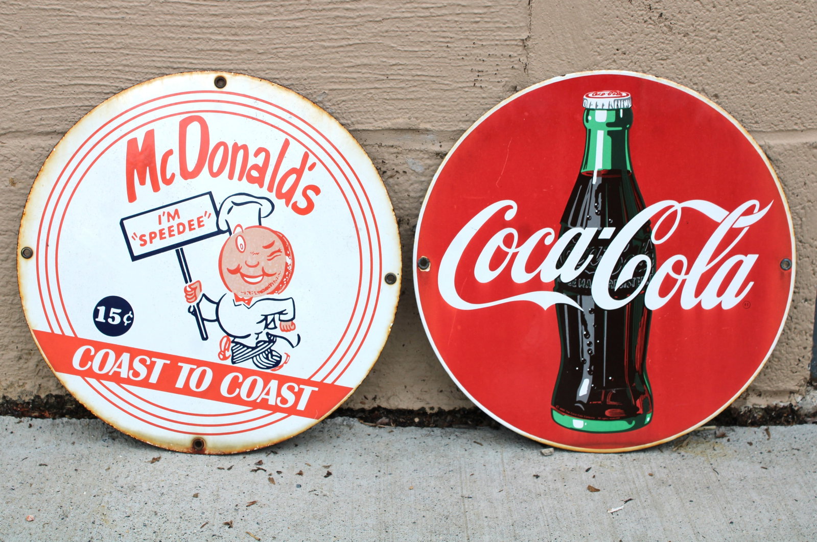 McDonald's / Coca Cola Porcelain Contemporary Signs: In-house shipping available. Dimensions of one: 11 x 11