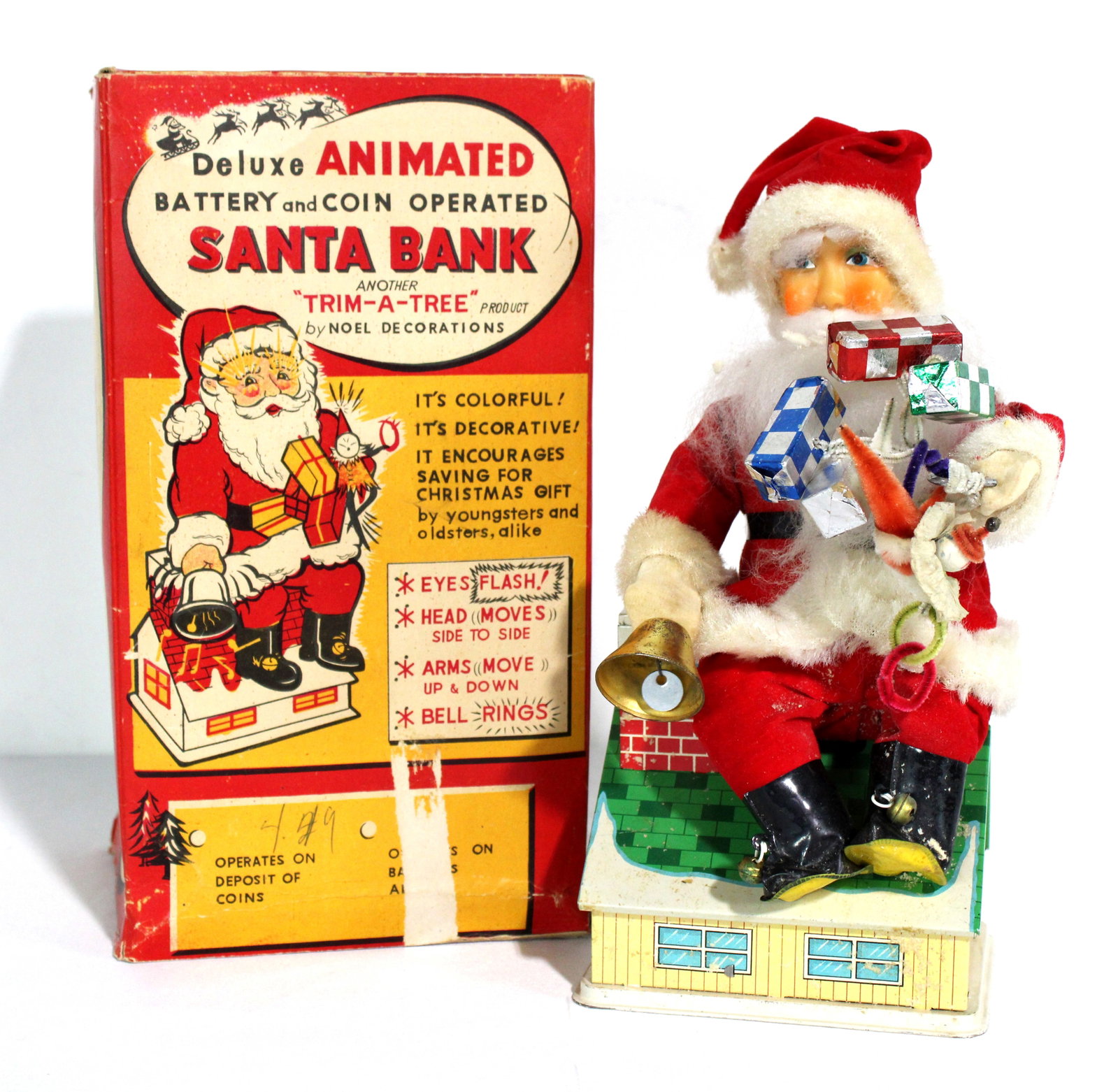 Noel Decorations Battery Operated Santa with Box, 1960s: In-house shipping available. Dimensions of box: 12 x 6 x 6