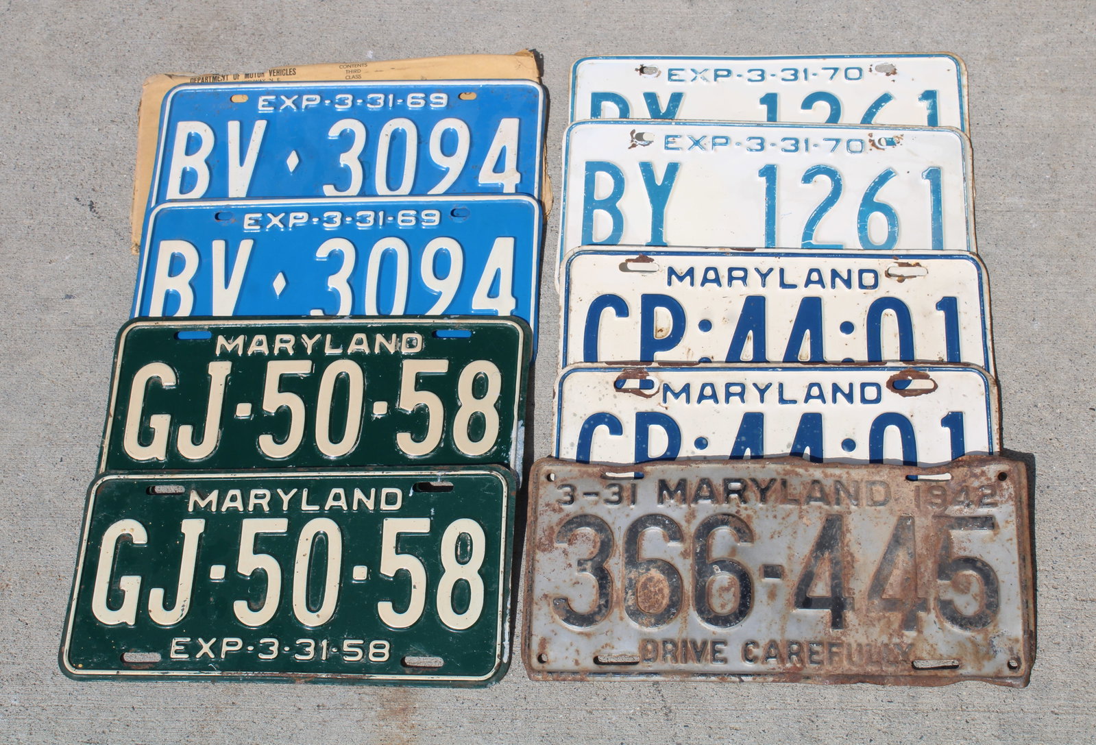 License Plates incl. Maryland 1942, Several Sets: Years included : 1942, 1964, 1970, 1958 and 1969. In-house shipping available.