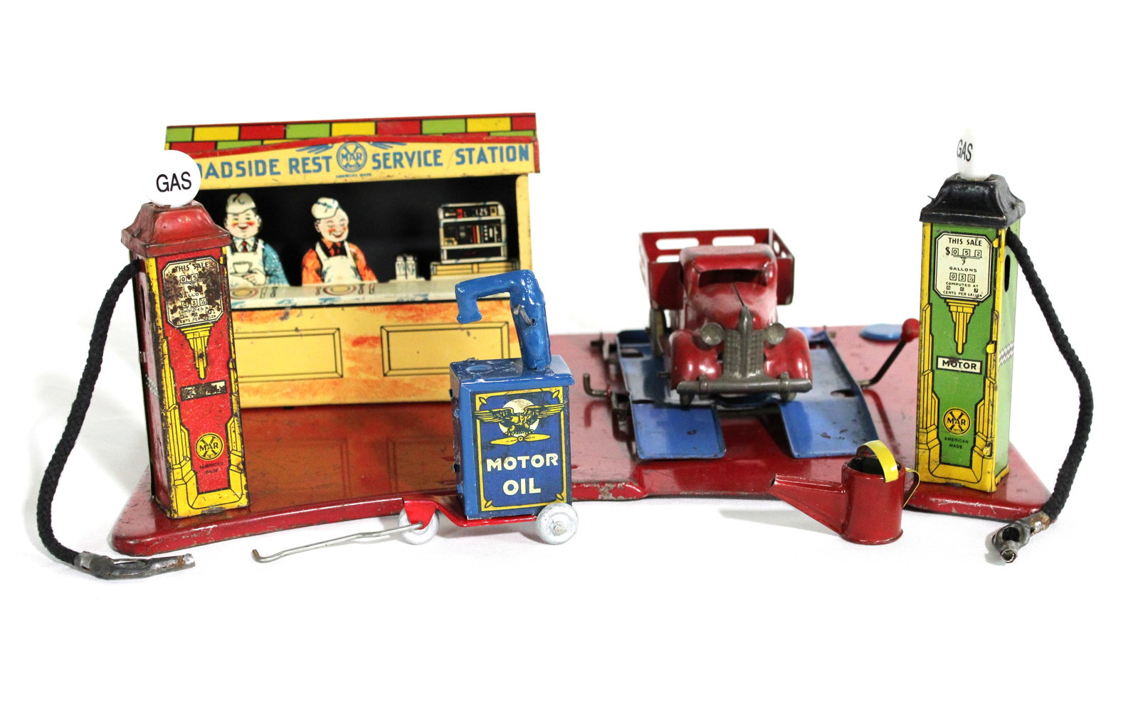 Marx Roadside Rest Station, Includes Oil Container, Water Can and Truck: In-house shipping available. Dimensions of Station: 6 x 14 x 11