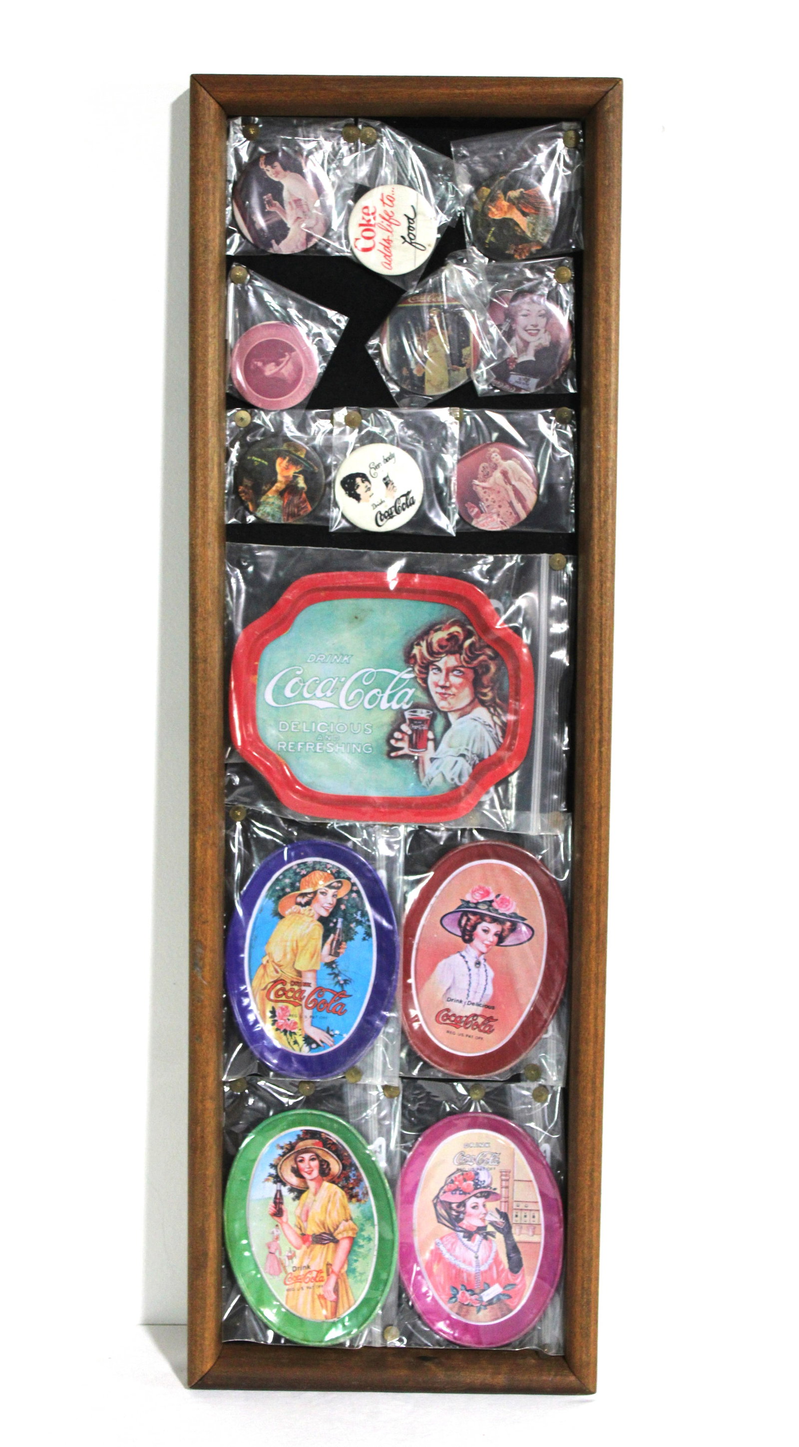 Coca Cola Tip Tray Display: This item requires third-party shipping or pickup arrangements to be made. Dimensions of Frame: 33 x 10 x 2
