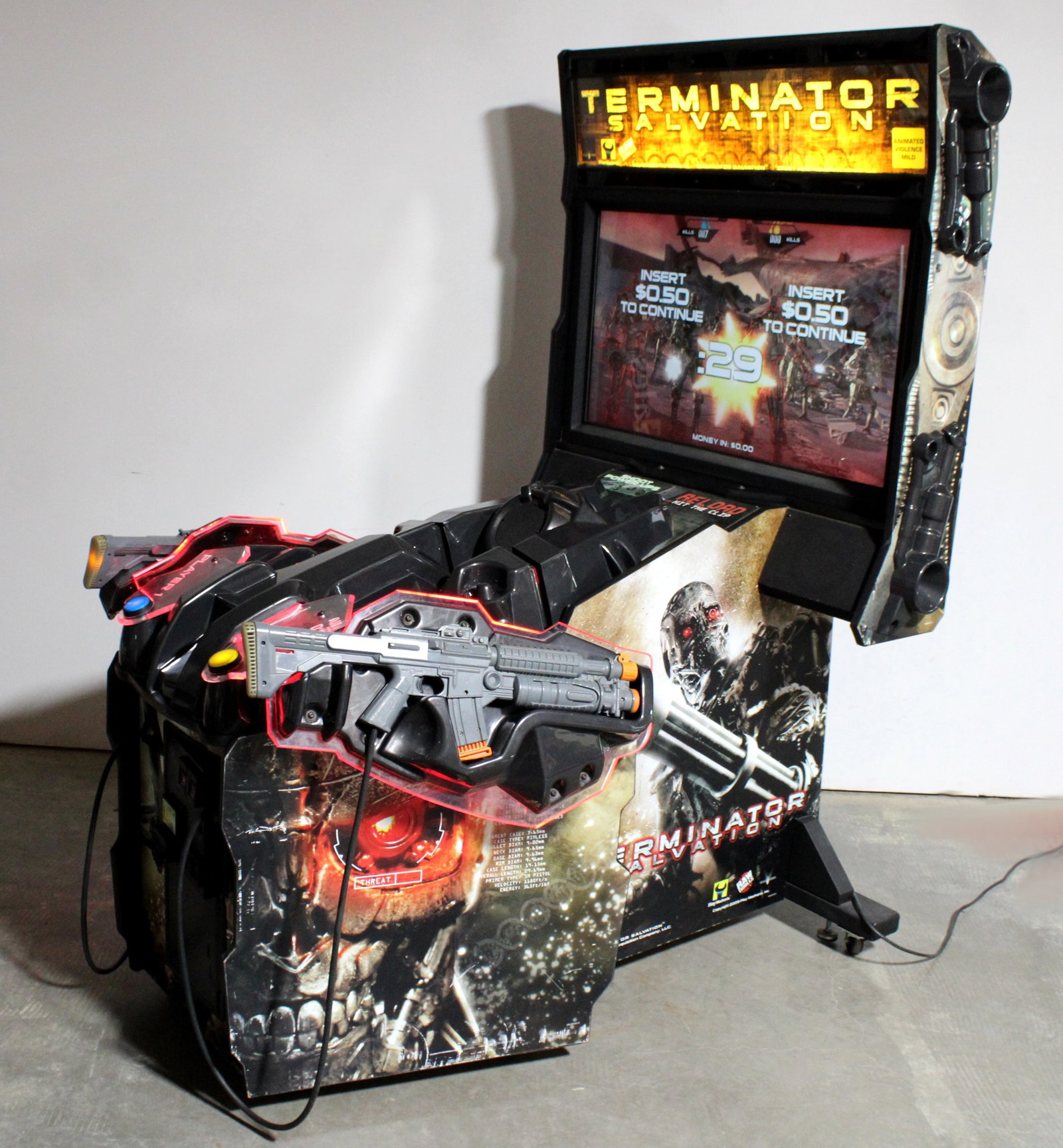 Raw Thrills Terminator Salvation Shooting Arcade Game: Working. Separates into two pieces. This item requires third-party shipping or pickup arrangements to be made. Dimensions of screen portion: 80 x 48 x 38 Dimensions of gun portion: 40 x 44 x 30