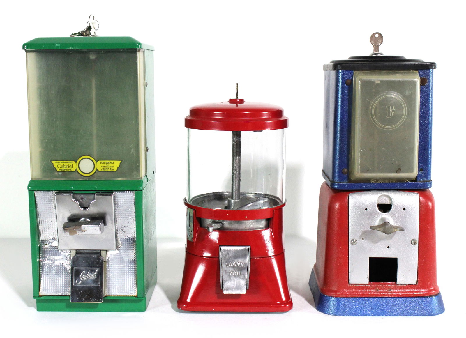 Three Coin Operated Gumball Machines: This item requires third-party shipping or pickup arrangements to be made. Dimensions of one: 16 x 7 x 8