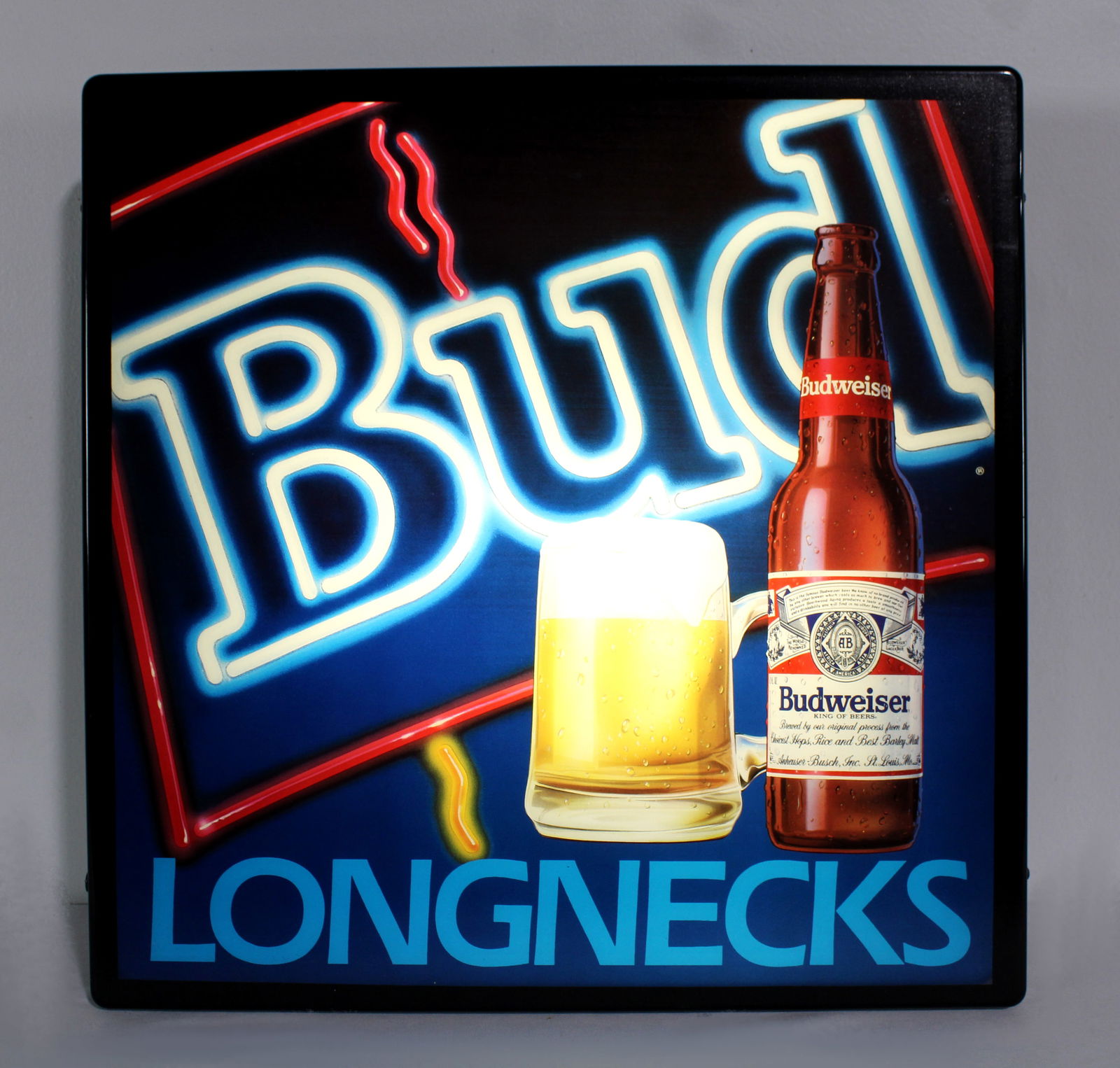 Bud Longnecks Light Up Sign: In-house shipping available. Dimensions: 18 x 18 x 5