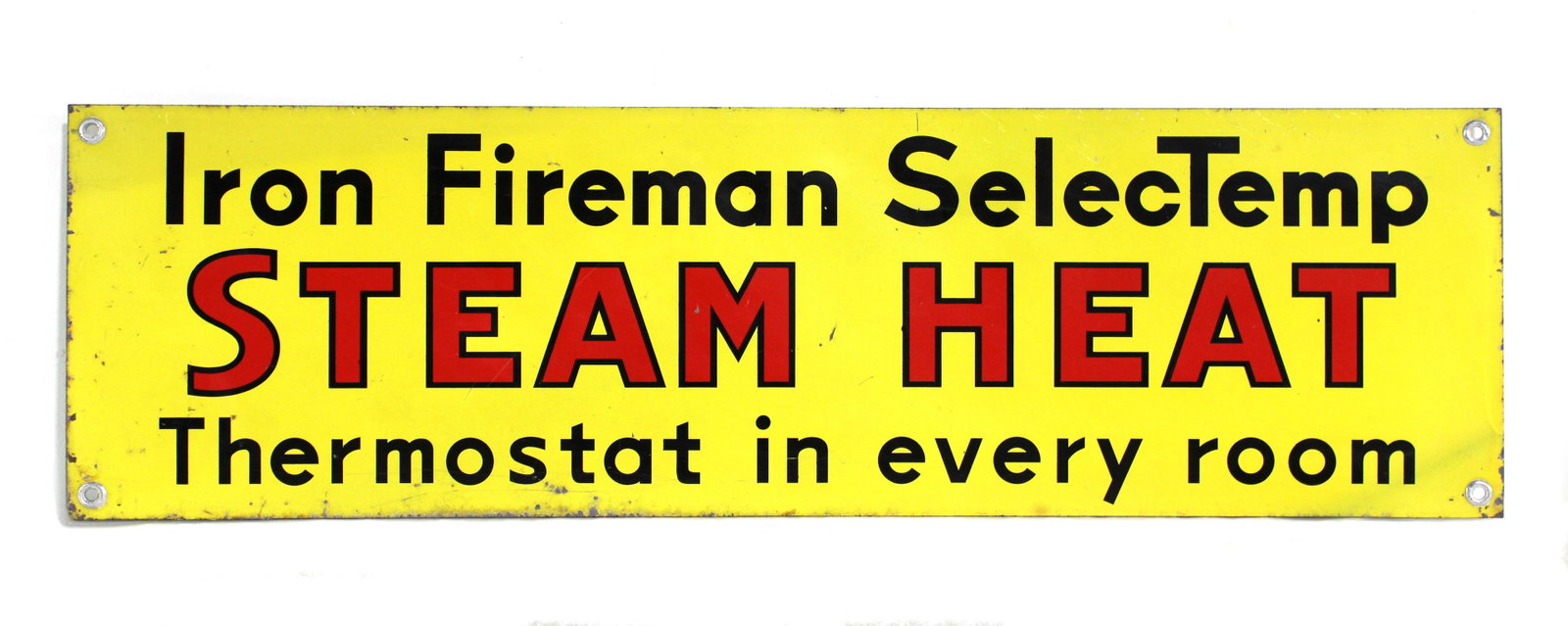 Iron Fireman Steam Heat Double Sided Sign: In-house shipping available. Dimensions: 9 x 30