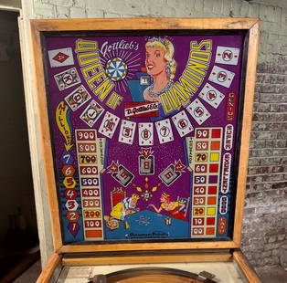 Gottlieb Queen of Diamonds Woodrail Pinball Machine, 1959: *This is a remote auction. All items are located in Warren, Ohio. Pickup or third-party shipping is required on all items. A list of suggested shippers can be found in the terms of this auction and on