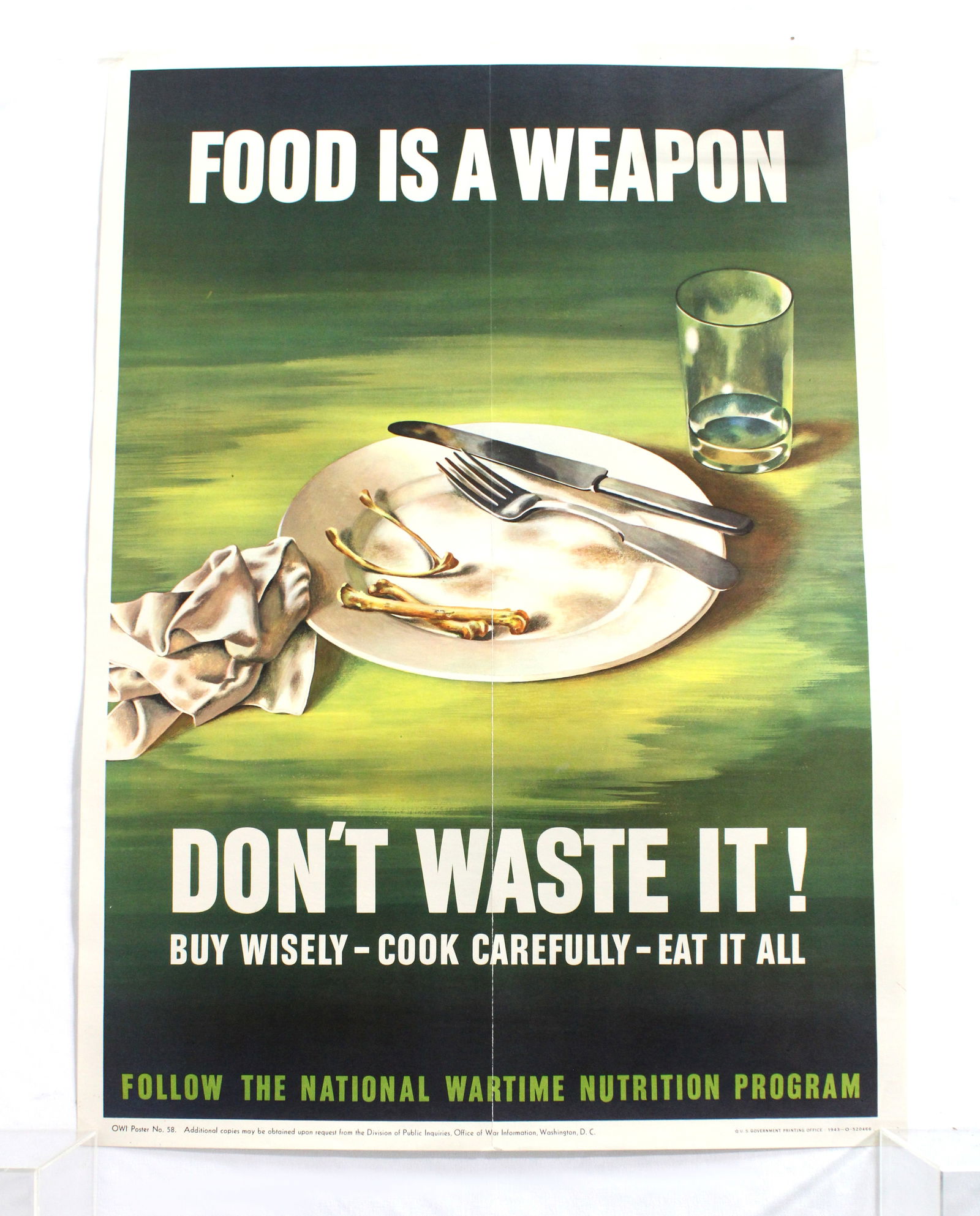 "Food Is A Weapon" World War II Propaganda Poster, 1943: Ships rolled. In-house shipping available. Dimensions: 23 x 16