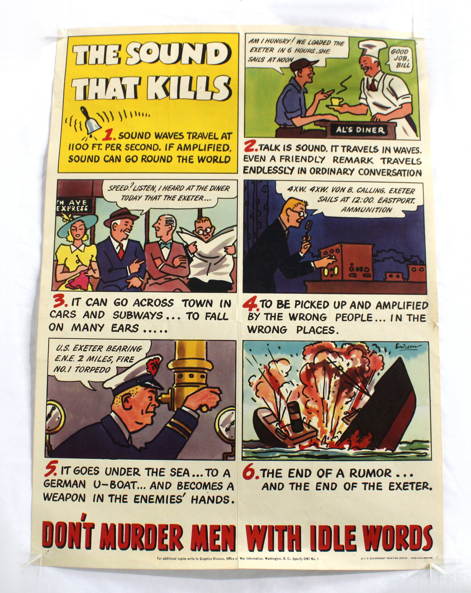 "The Sound That Kills" World War II Propaganda Poster, 1942: Ships rolled. In-house shipping available. Dimensions: 20 x 14
