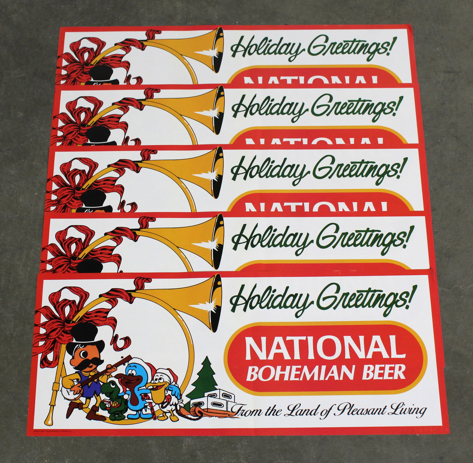National Bohemian Natty Boh Holiday Greetings NOS Signs: Paper. Total of five. Ships rolled. In-house shipping available. Dimensions of One: 11 x 27.