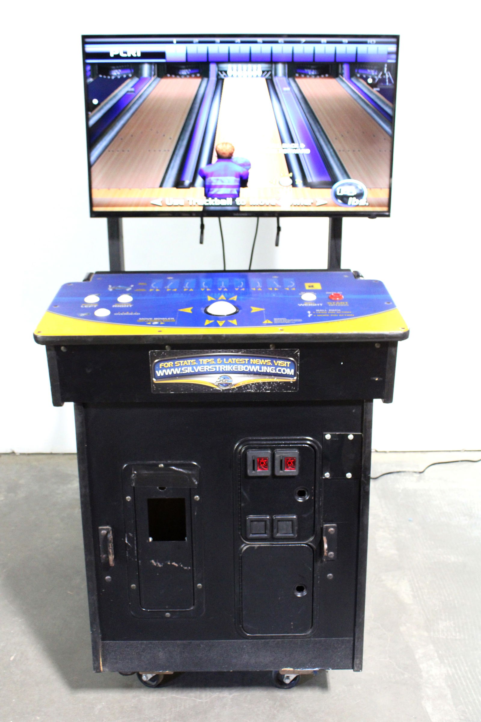 Silver Strike Podium Arcade with 40" Flat Screen TV: This item requires third-party shipping or pickup arrangements to be made. Dimensions: 67 x 36 x 46