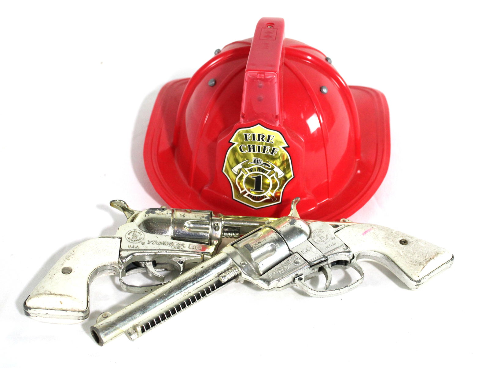 Mattel Fanner Cap Guns and Toy Firemans Helmet: In-house shipping available.