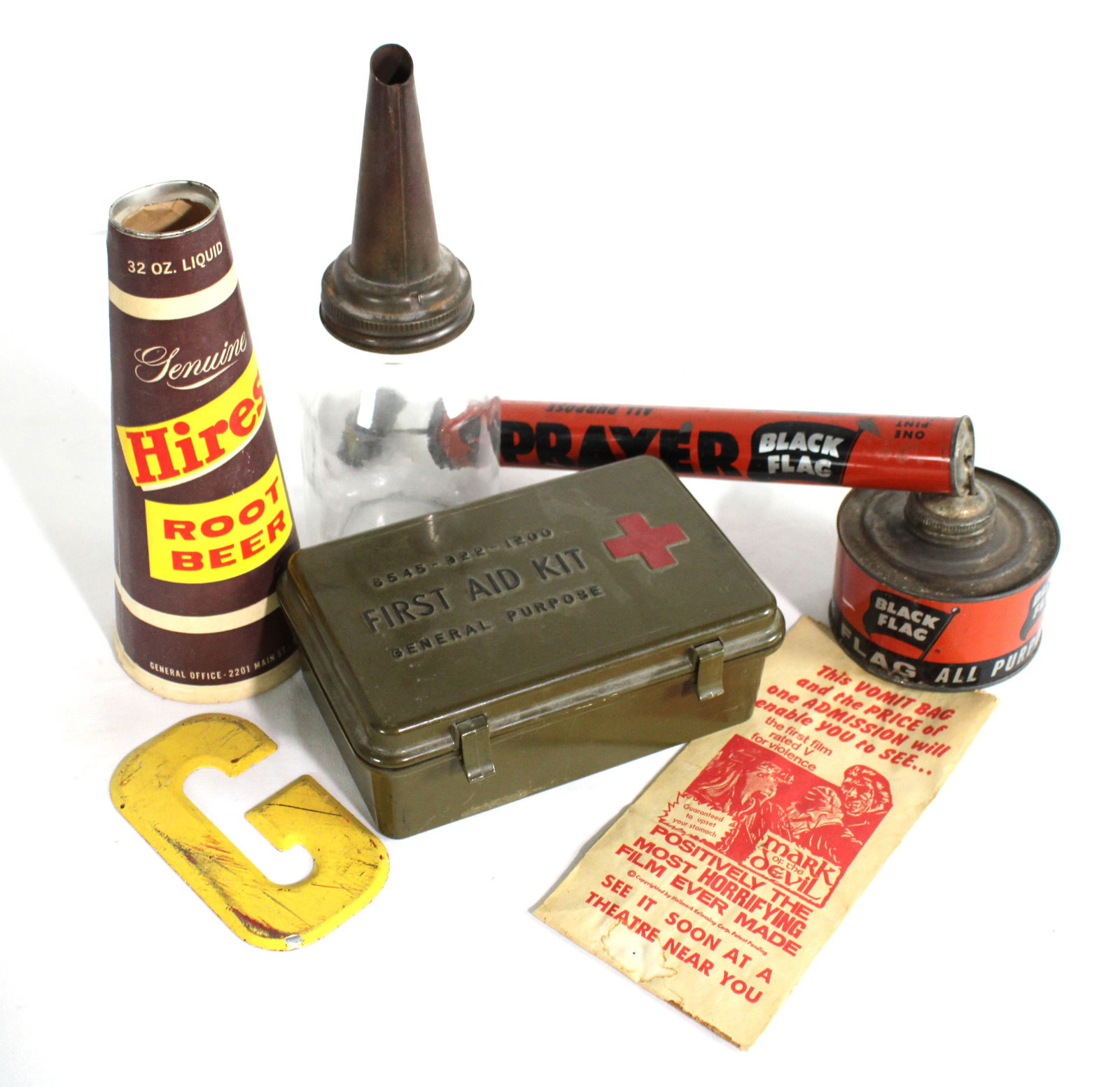 Vintage Collectibles incl. Hires Root Beer Cone, Military First Aid Kit and Spout Oil Jar (1 of 2)