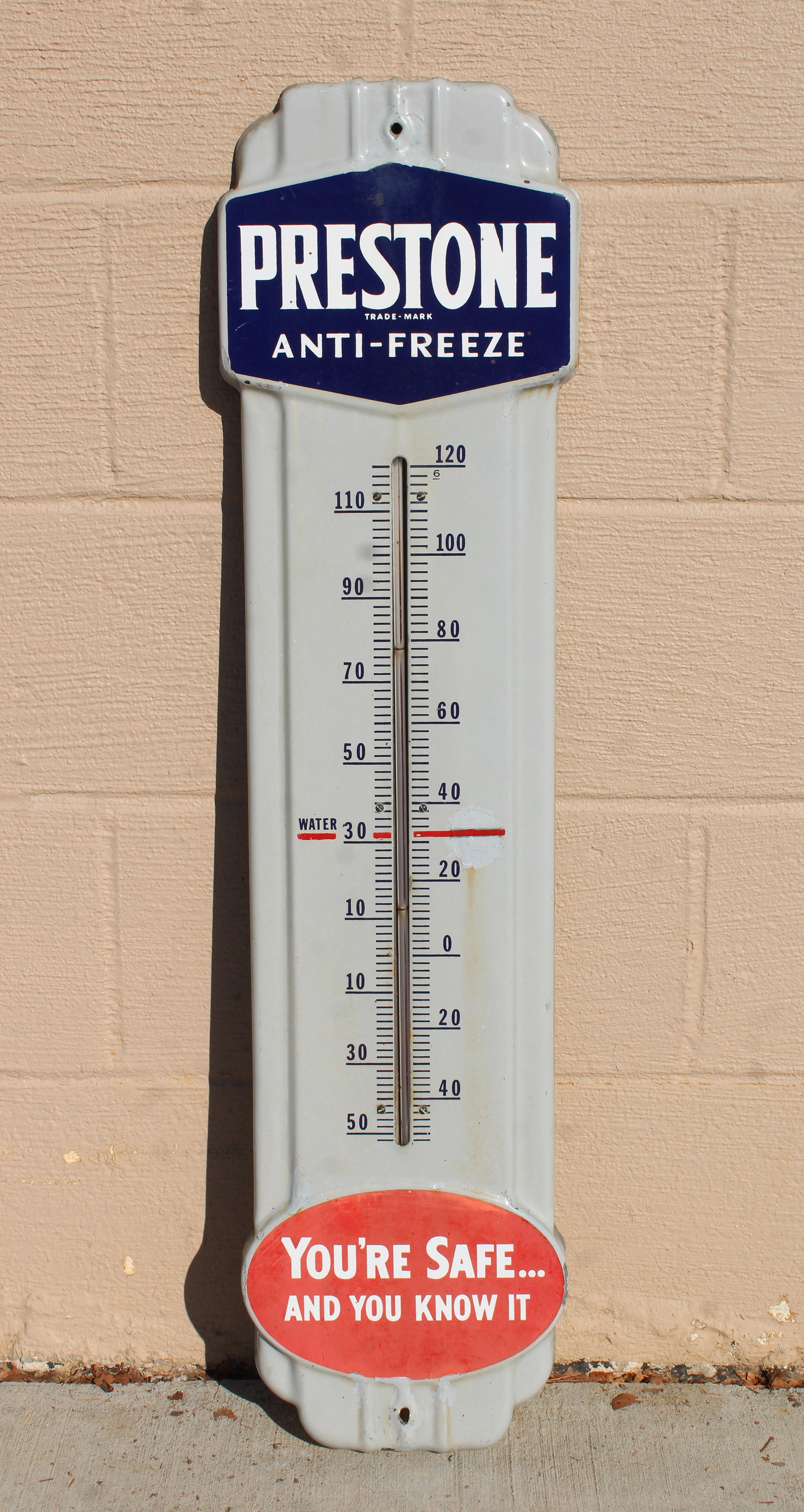 Prestone Anti-Freeze Porcelain Thermometer: Some touchups. This item requires third-party shipping or pickup arrangements to be made. Dimensions: 36 x 9 x 1