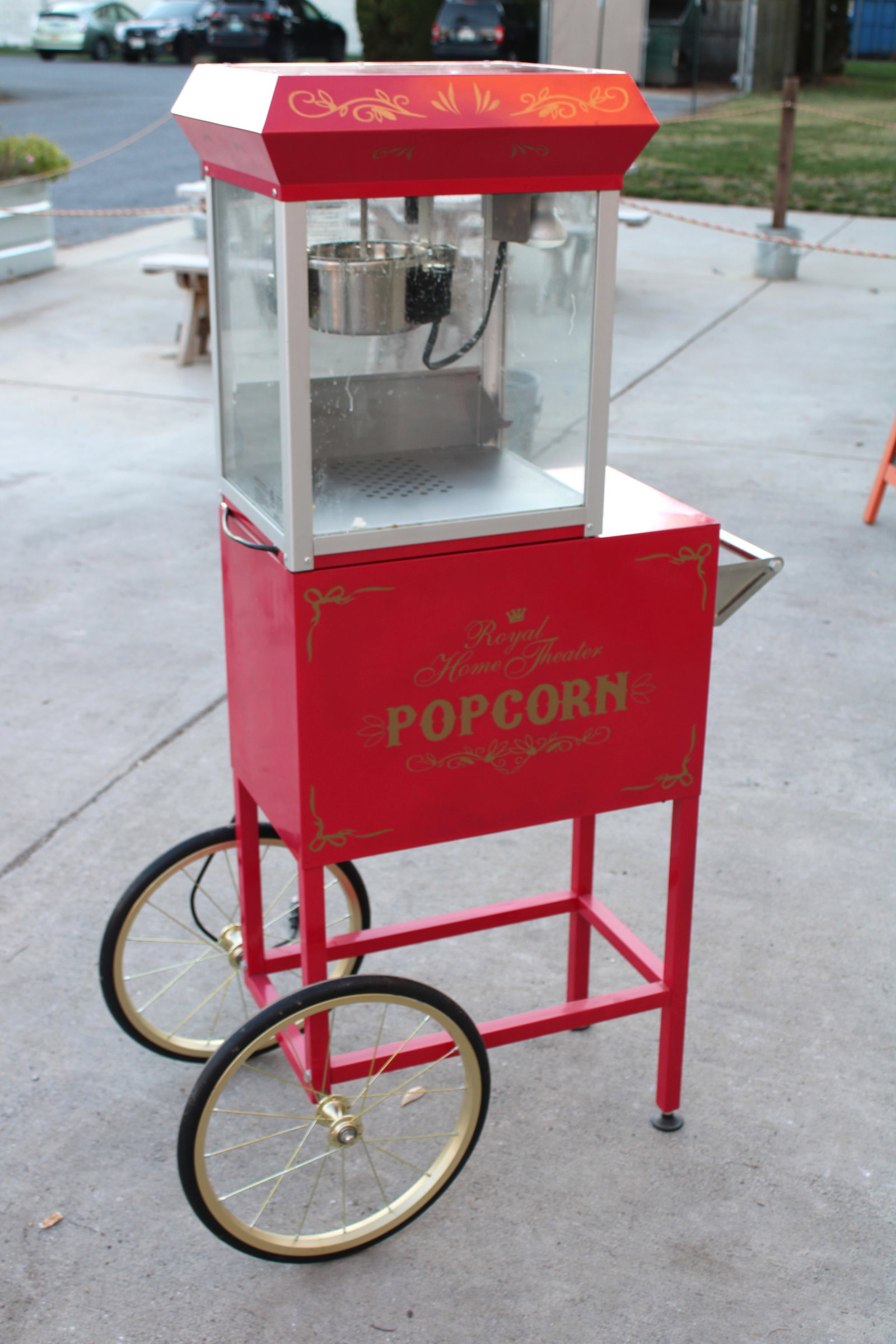 Home Theater Popcorn Cart: This item requires third-party shipping or pickup arrangements to be made. Dimensions: 55 x 34 x 20