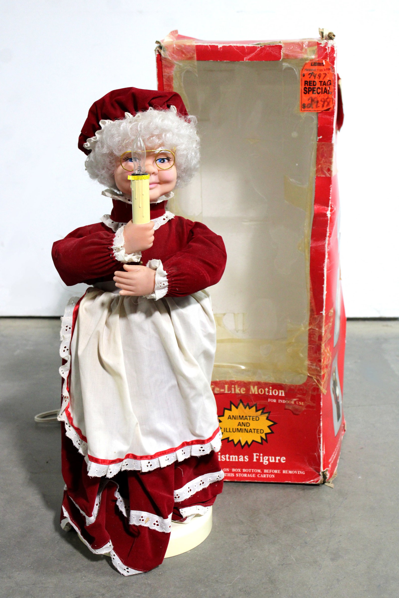 Mrs. Claus Animated Christmas Figure: In-house shipping available. Dimensions of box: 27 x 10 x 9