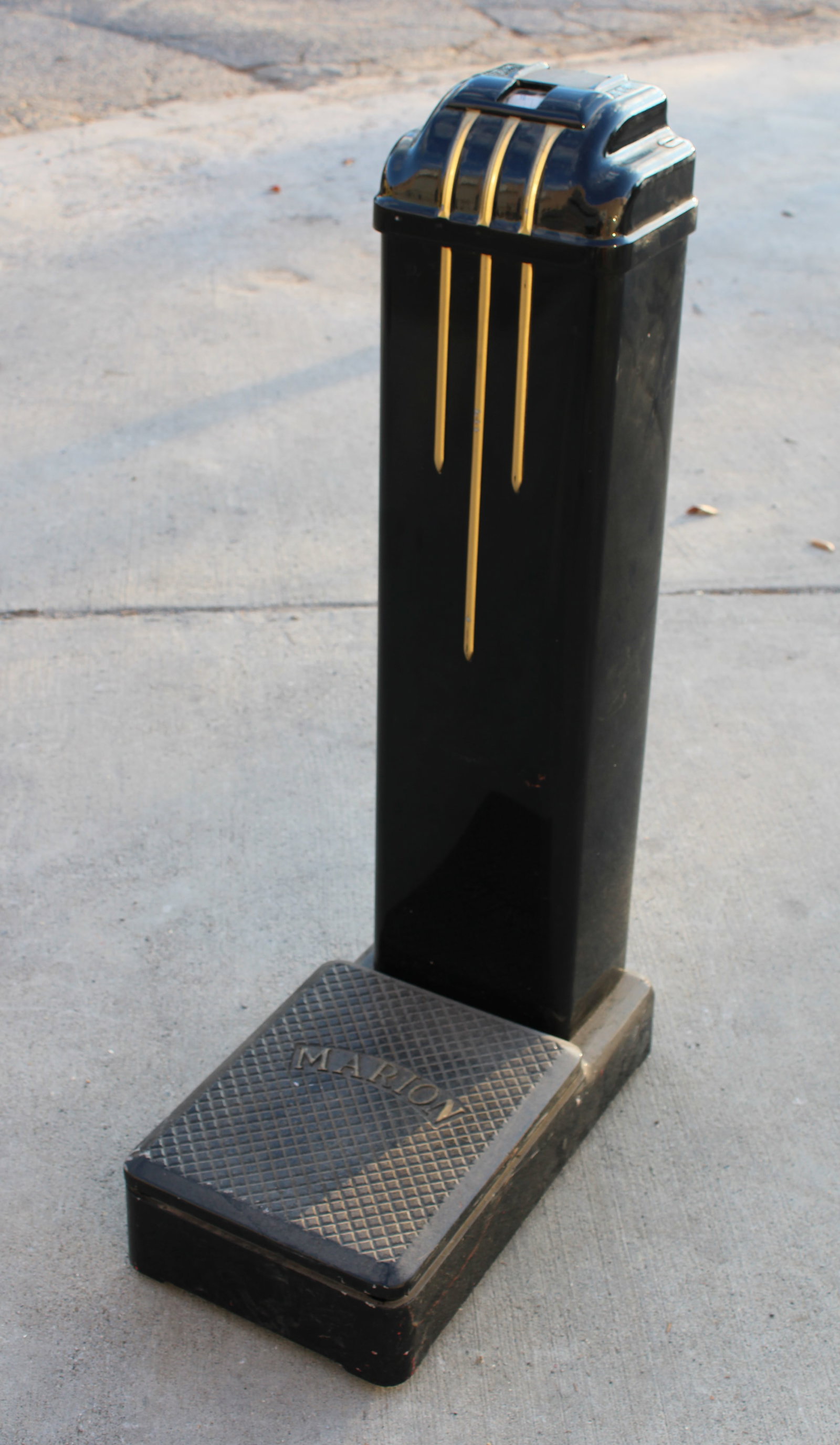 Marion Art Deco Black Coin Operated Penny Scale: This item requires third-party shipping or pickup arrangements to be made. Dimensions: 16 x 13 x 1