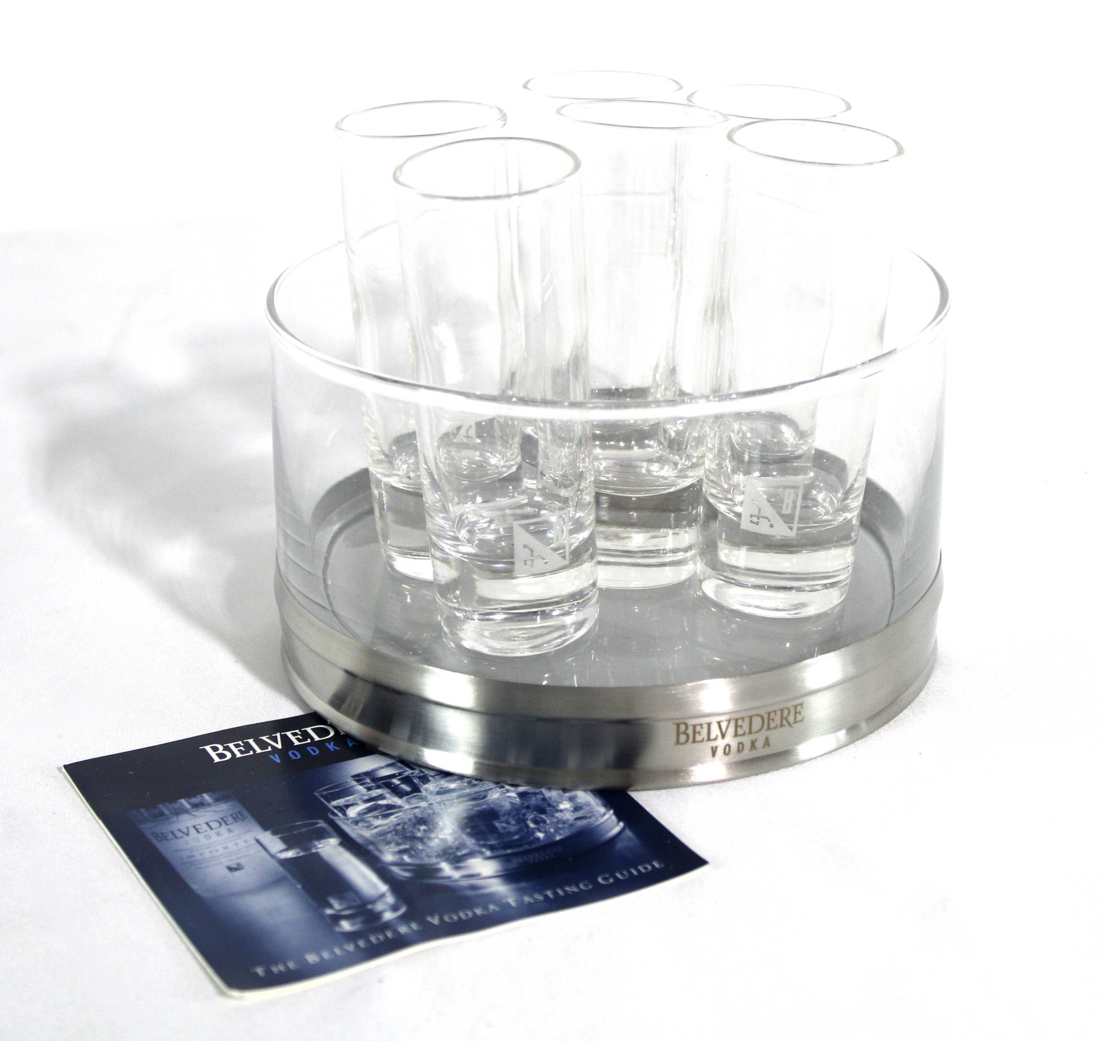 Belvedere Vodka Ice Bucket with Shot Glasses: This item requires third-party shipping or pickup arrangements to be made. Dimensions of bucket: 4 x 6 x 6