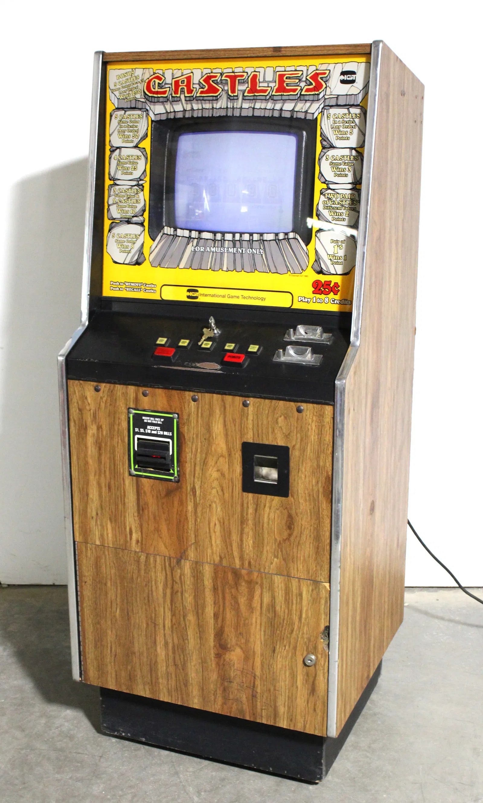 IGT Castles Poker Arcade Game: Complete, not working. This item requires third-party shipping or pickup arrangements to be made. Dimensions: 63 x 26 x 24
