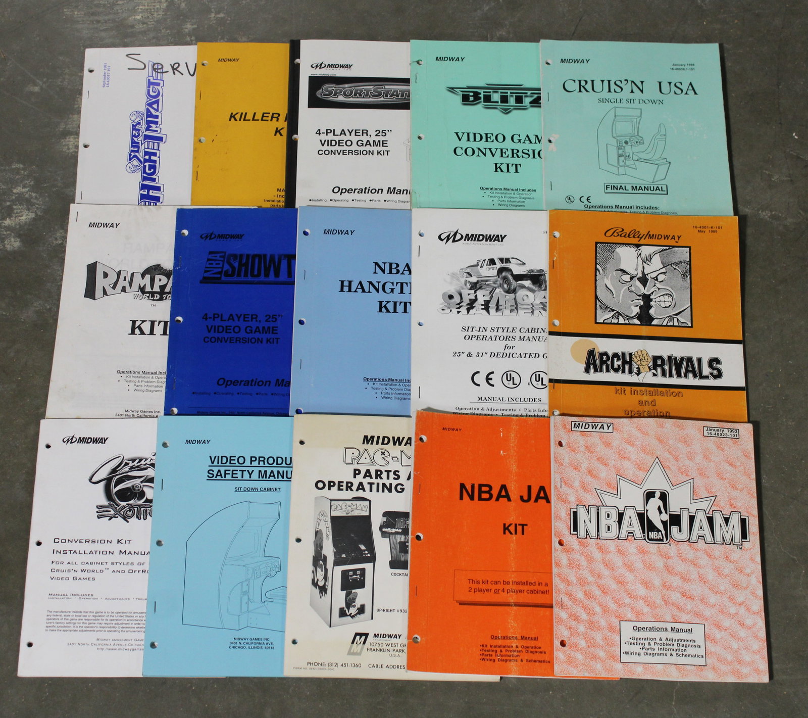 Arcade Manuals incl. Pac-Man, NBA Jam and Arch Rivals: Total of 15. Varying conditions. Ships media mail. In-house shipping available.