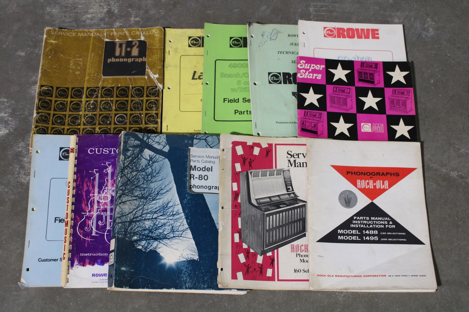 Jukebox Manuals incl. Rockola and Rowe: Varying conditions. Ships media mail. In-house shipping available.