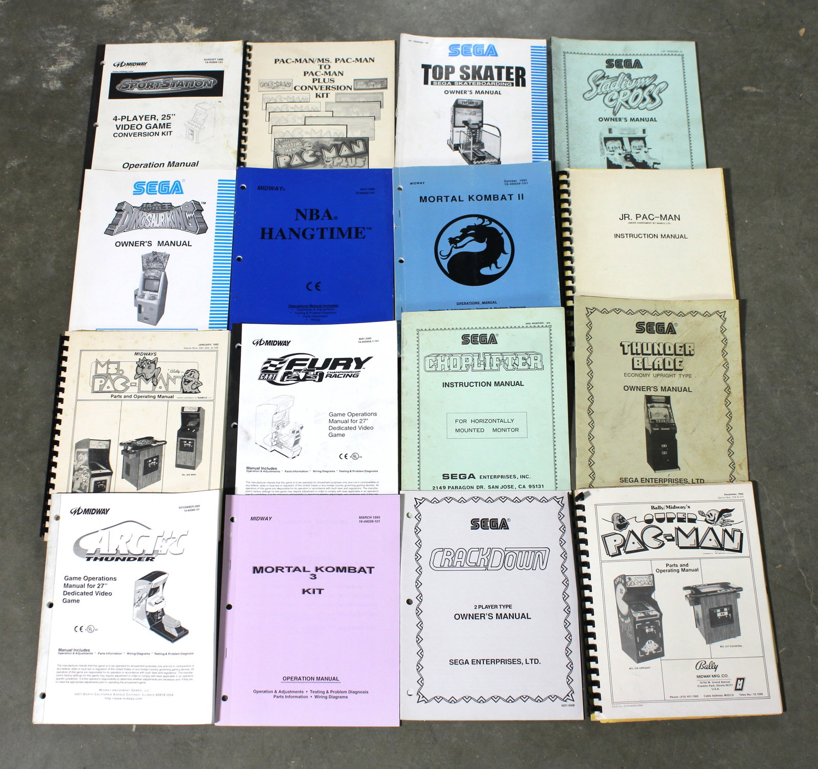 Arcade Game Manuals incl. Super Pac-Man, Thunderblade and Arctic Thunder: Total of 16. Varying conditions. In-house shipping available.