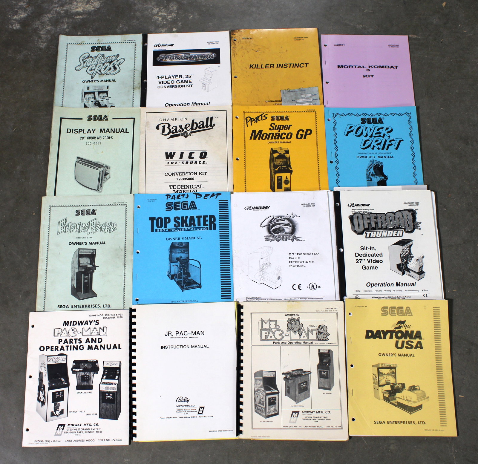 Arcade Game Manuals incl. Cruis'n Exotica, Pac-Man and Daytona USA: Total of 16. Varying conditions. In-house shipping available.