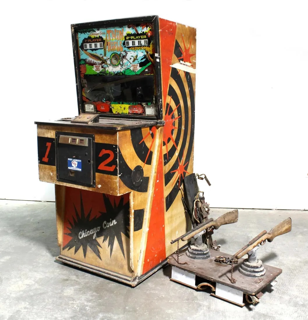 Chicago Coin Twin Rifle Shooting Gallery Arcade Game with Parts: Project machine, for parts or repair. This item requires third party shipping or pickup arrangements to be made. Dimensions: 73 x 31 x 41